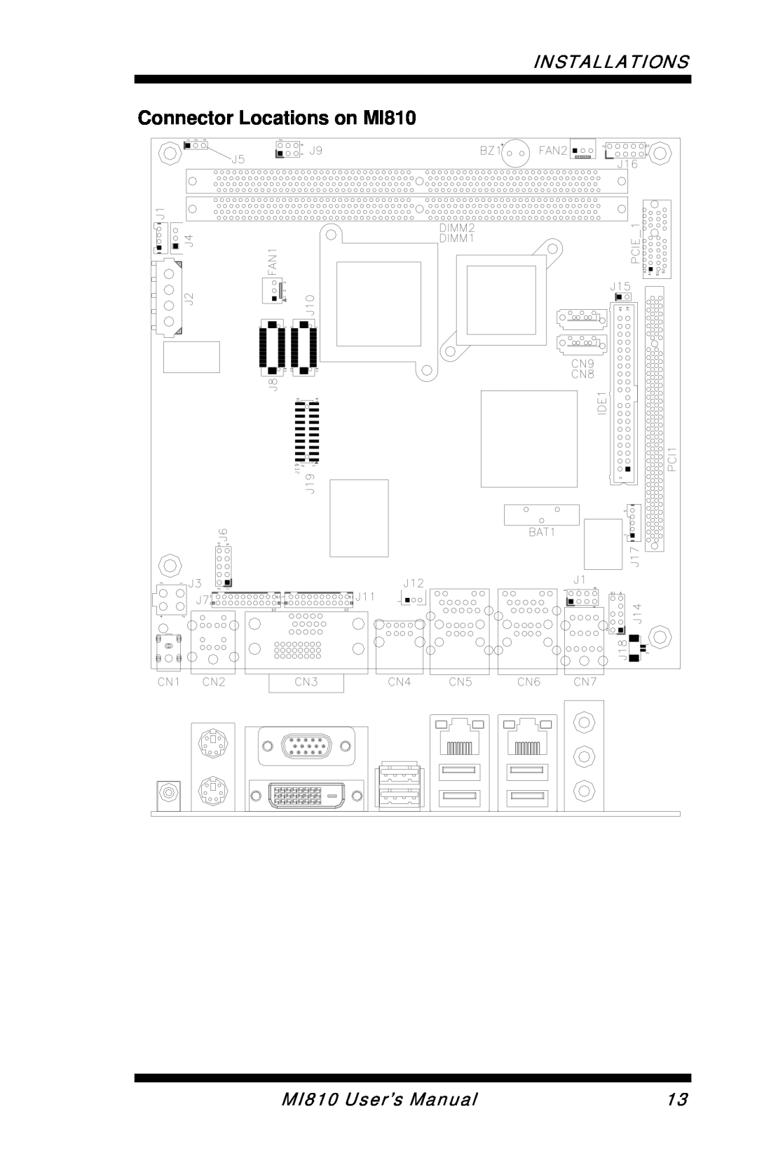 Intel user manual Connector Locations on MI810, Installations, MI810 User’s Manual 