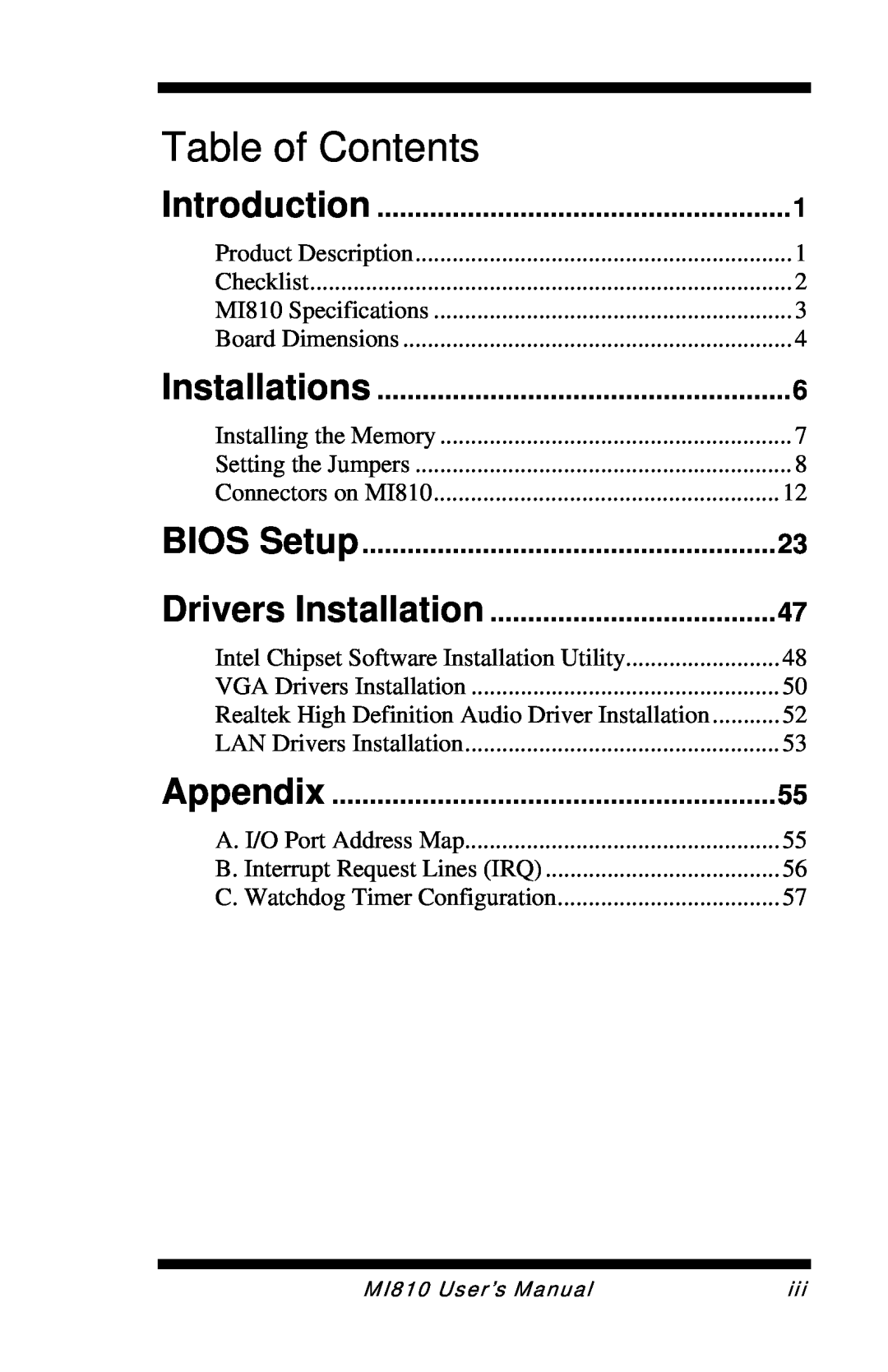 Intel MI810 user manual Introduction, Installations, BIOS Setup, Drivers Installation, Appendix, Table of Contents 