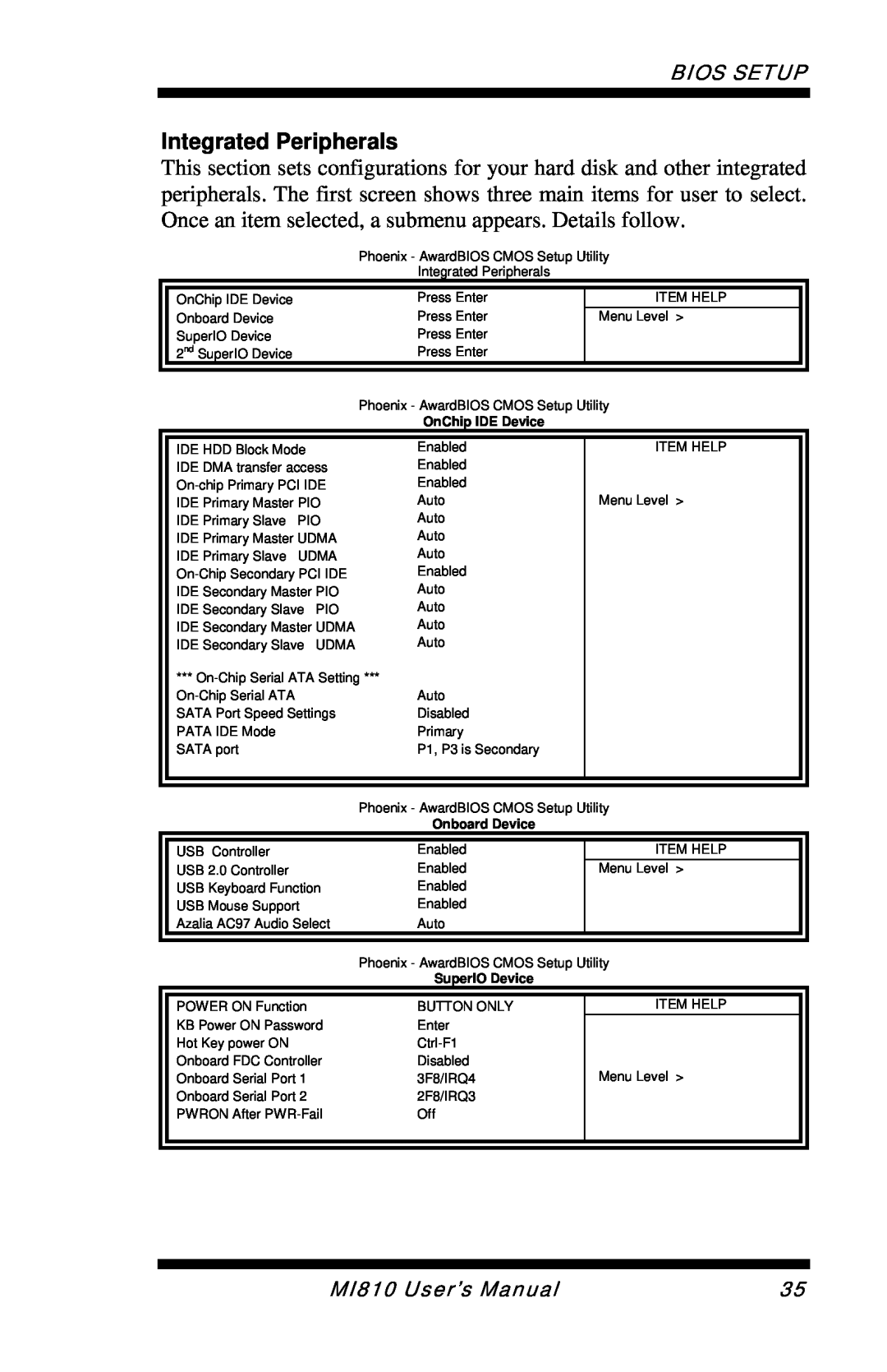 Intel Integrated Peripherals, Bios Setup, MI810 User’s Manual, OnChip IDE Device, Onboard Device, SuperIO Device 