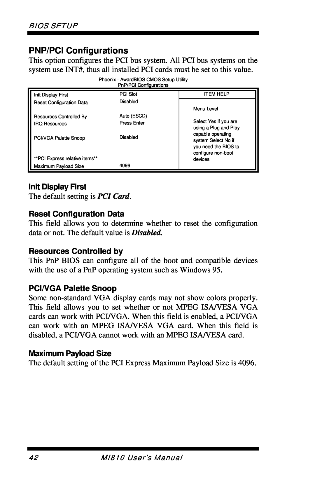 Intel MI810 user manual PNP/PCI Configurations, Init Display First, Reset Configuration Data, Resources Controlled by 