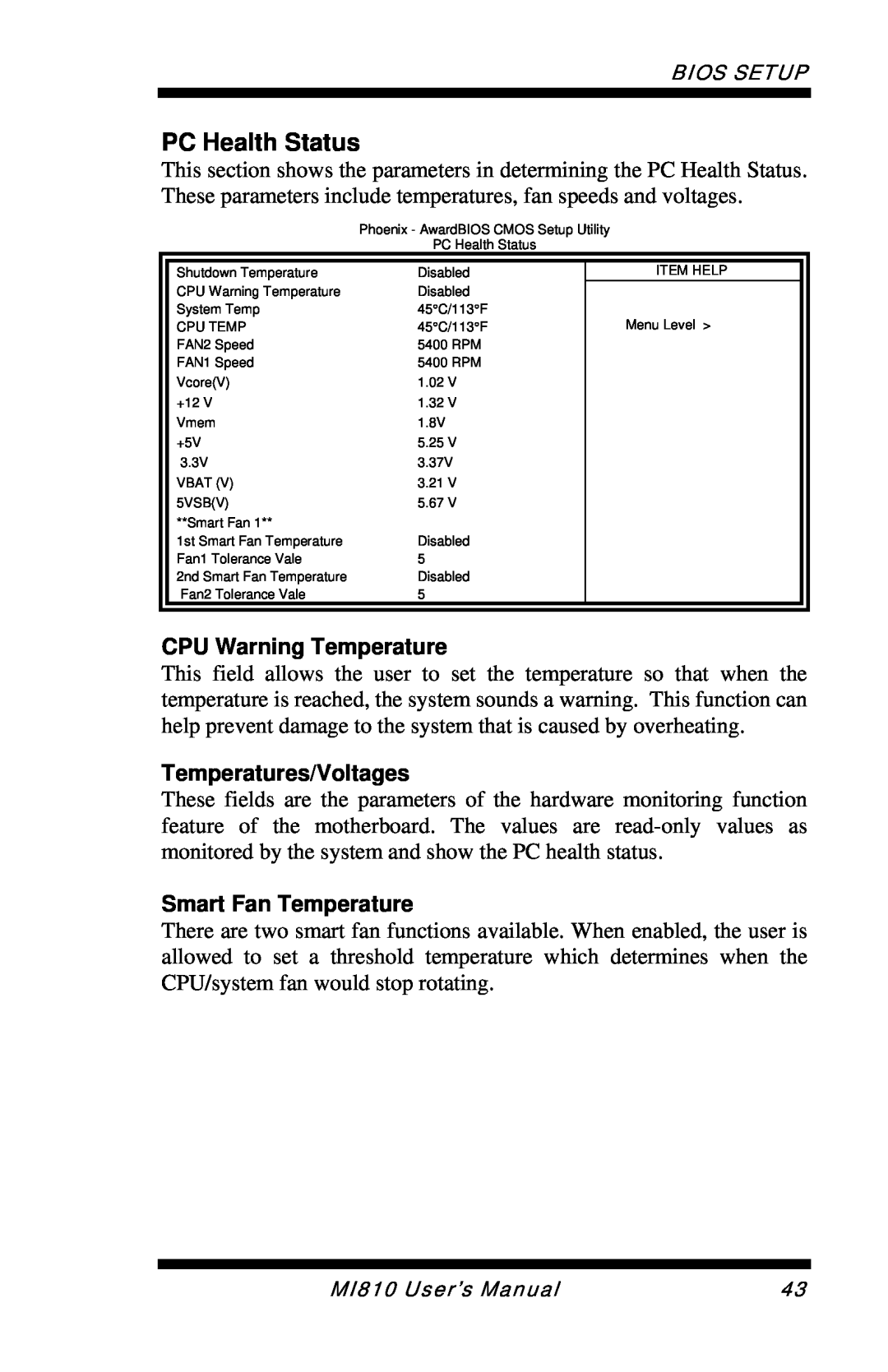 Intel MI810 user manual PC Health Status, CPU Warning Temperature, Temperatures/Voltages, Smart Fan Temperature 