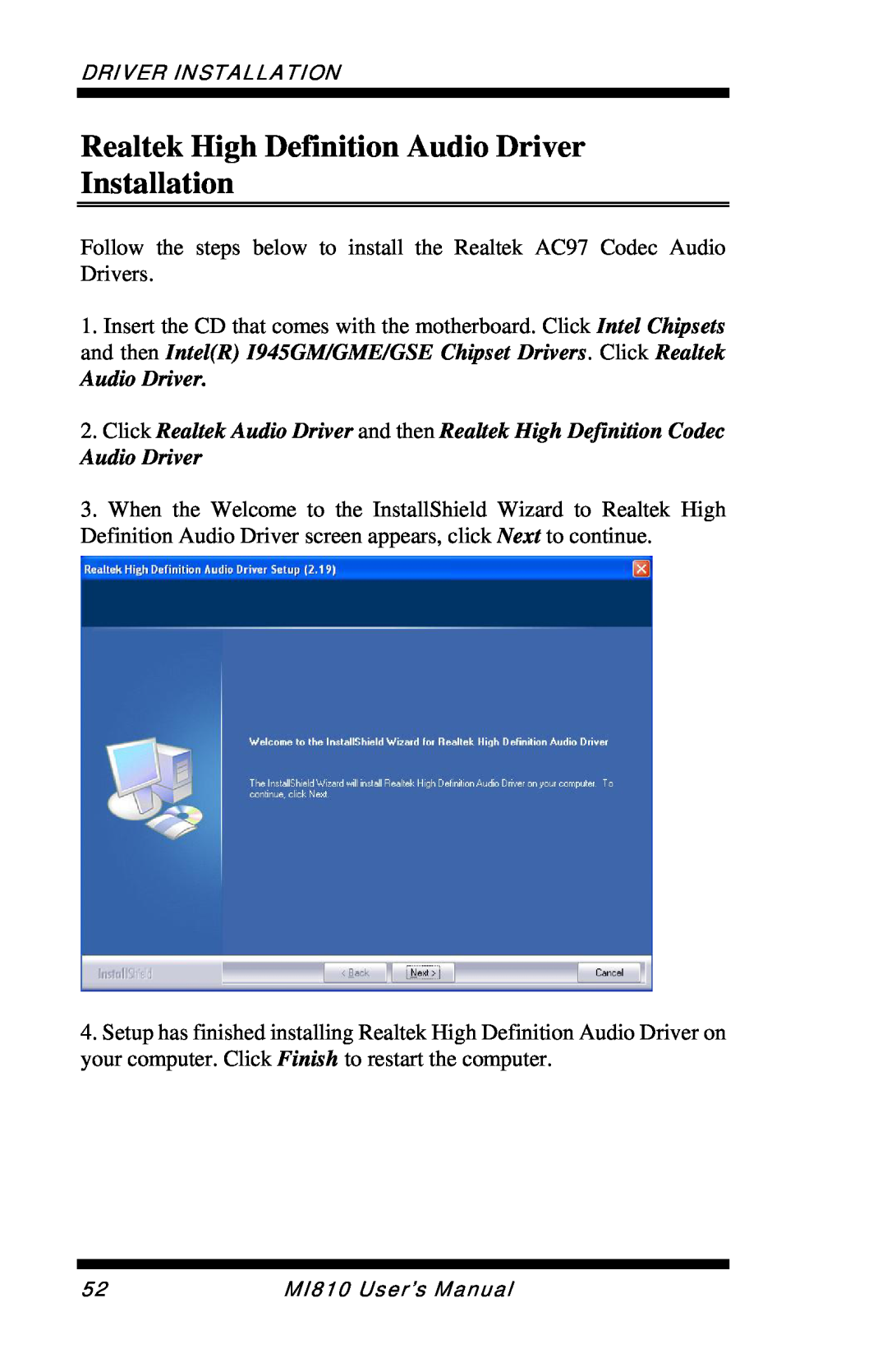 Intel MI810 user manual Realtek High Definition Audio Driver Installation 