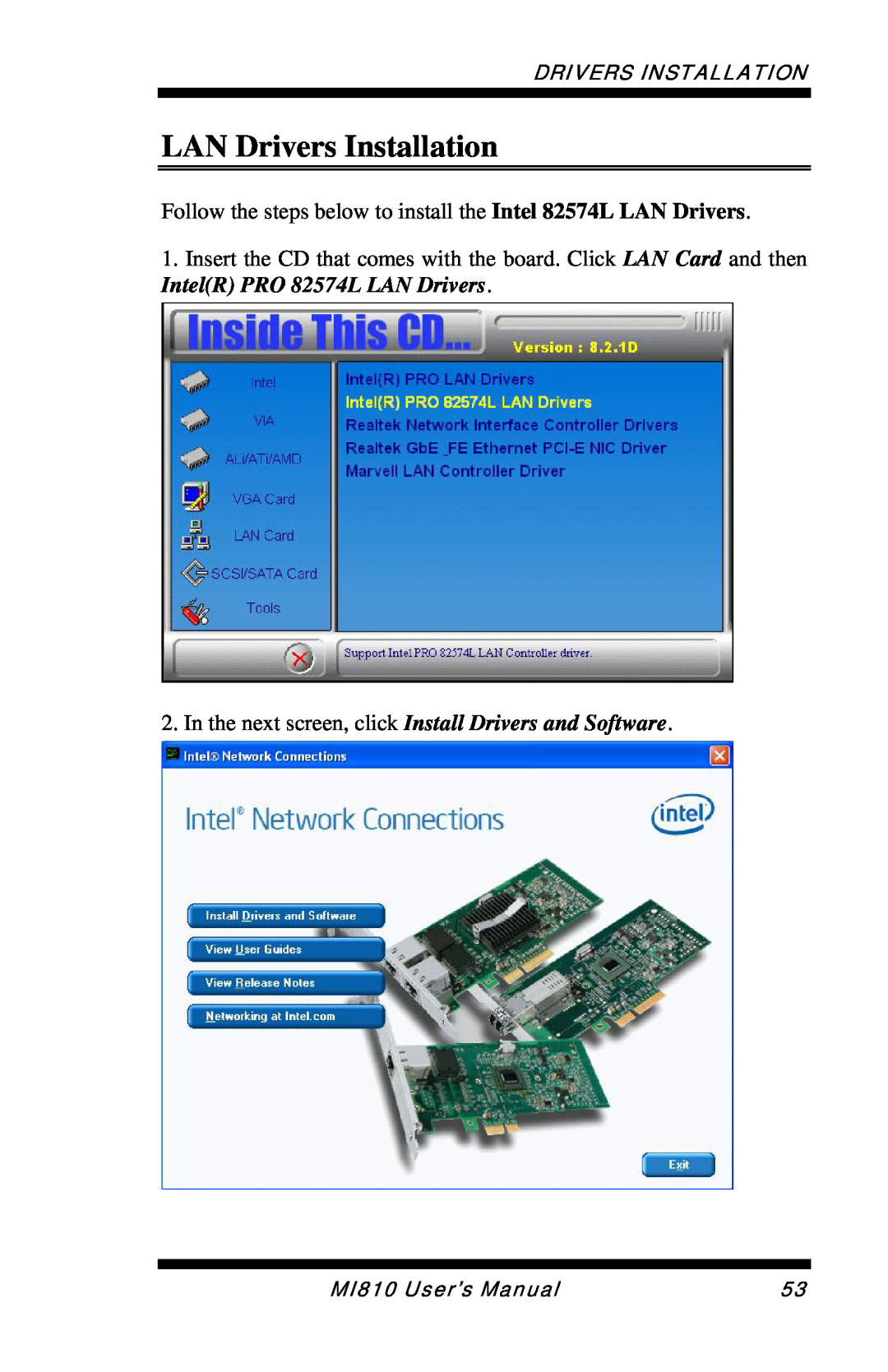 Intel user manual LAN Drivers Installation, In the next screen, click Install Drivers and Software, MI810 User’s Manual 