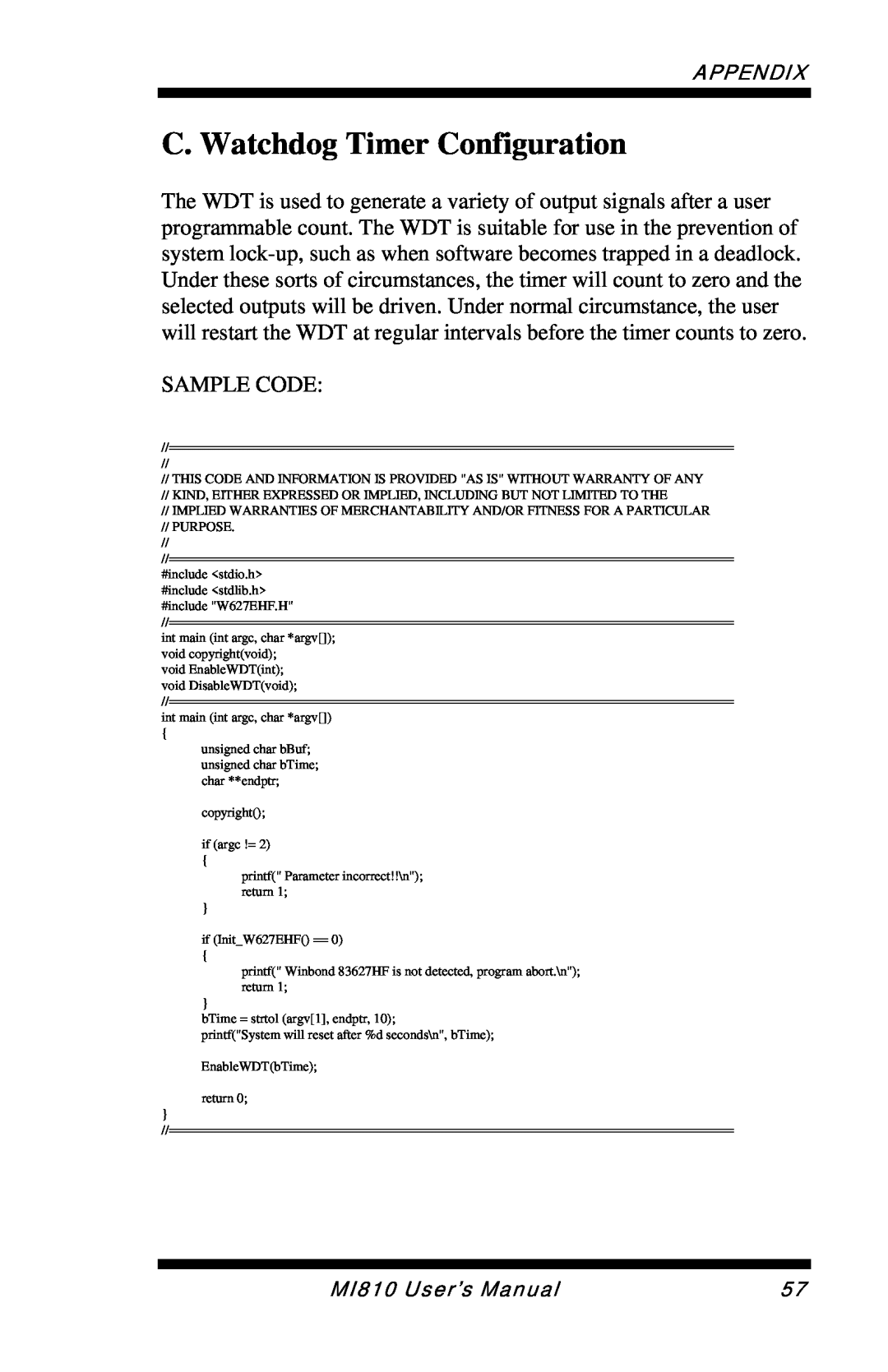 Intel user manual C. Watchdog Timer Configuration, Sample Code, Appendix, MI810 User’s Manual 