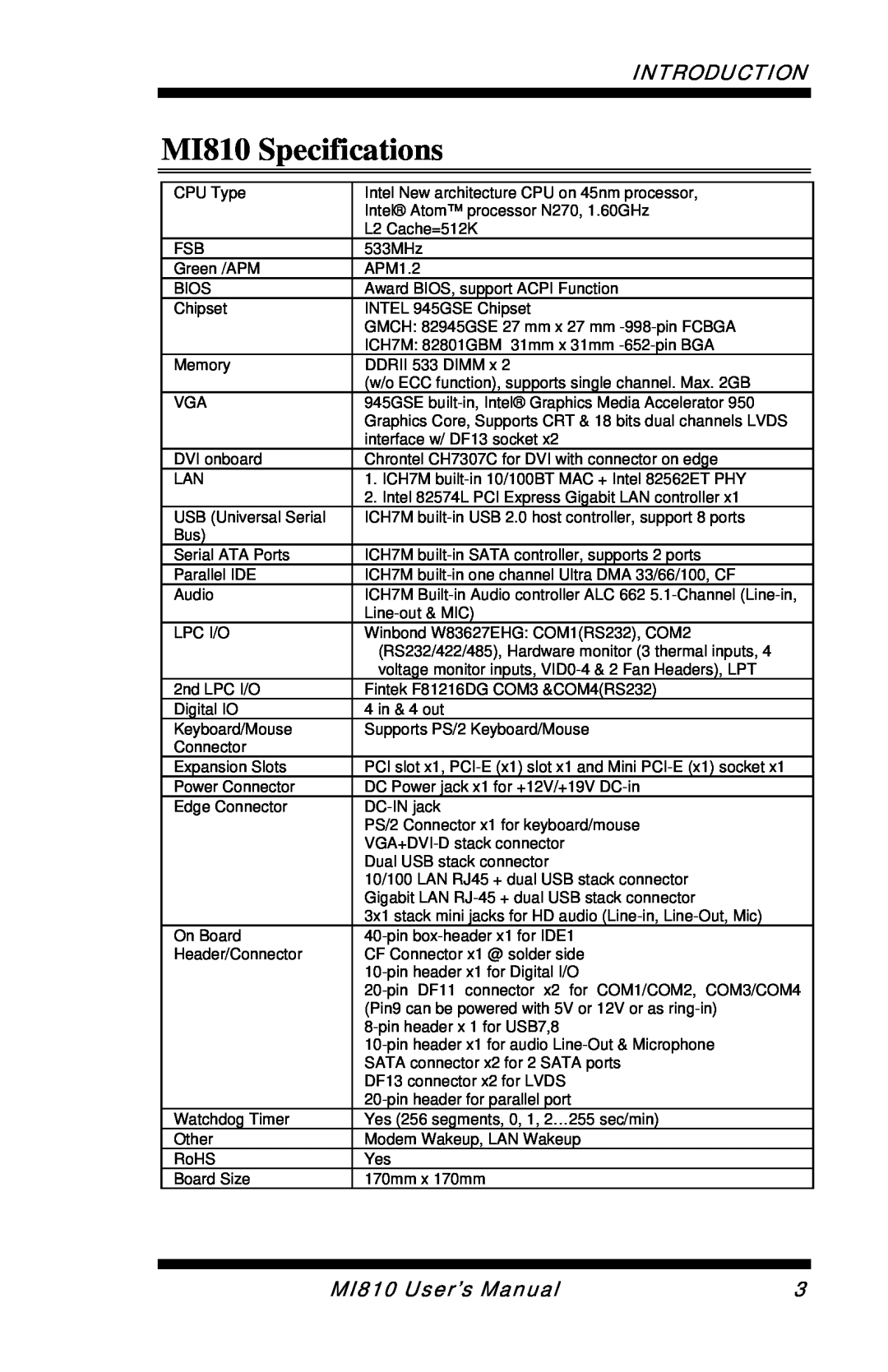 Intel user manual MI810 Specifications, Introduction, MI810 User’s Manual 