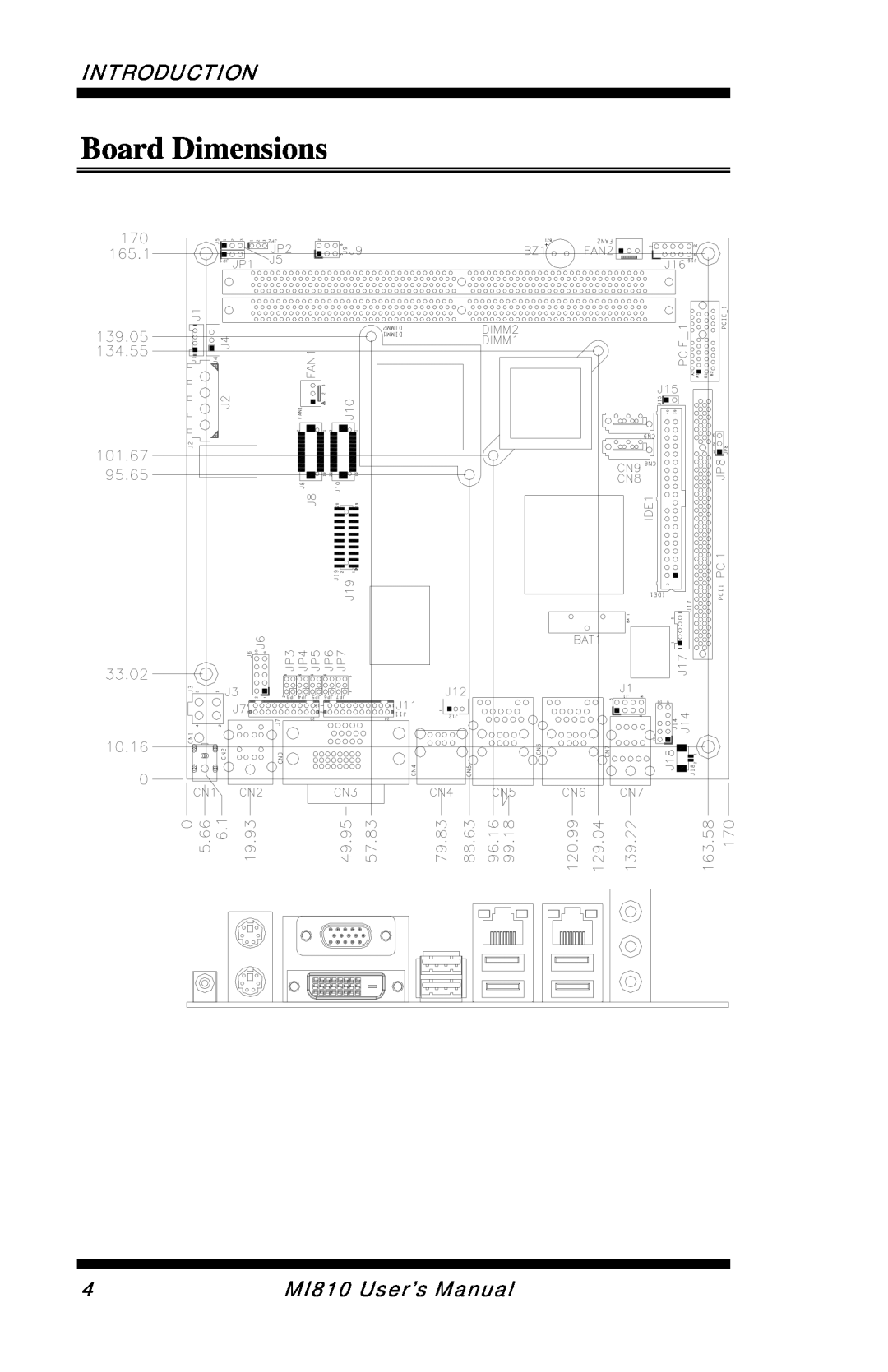 Intel user manual Board Dimensions, Introduction, MI810 User’s Manual 