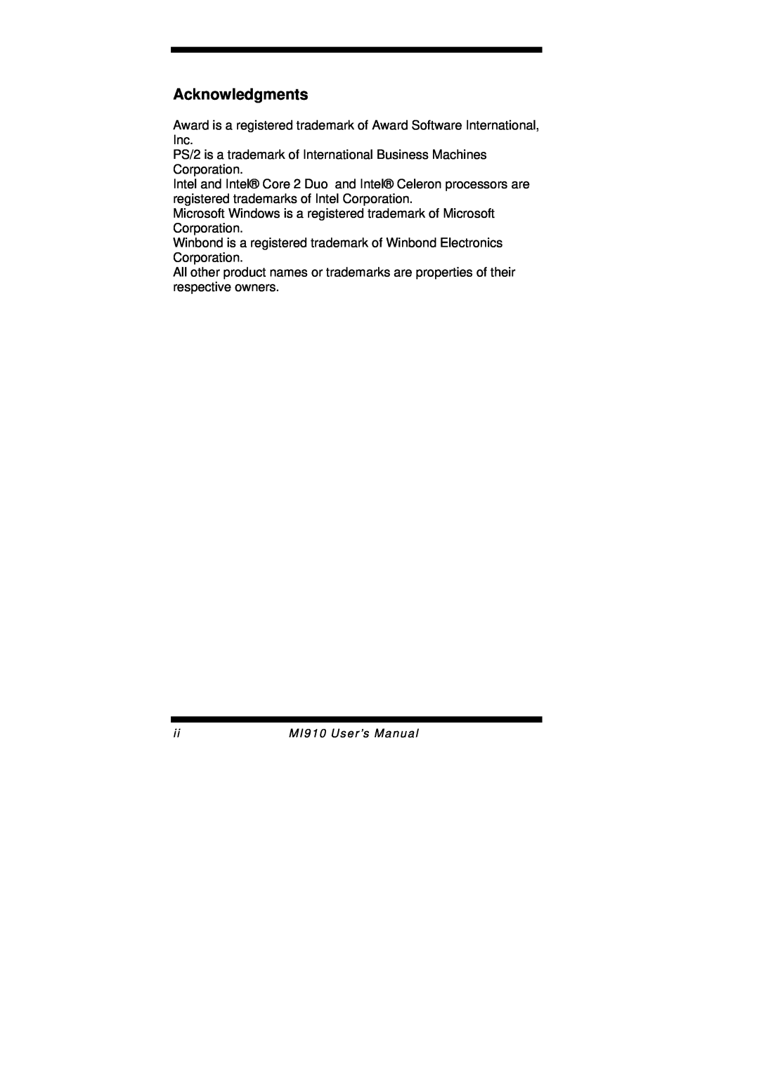 Intel MI910F user manual Acknowledgments, MI910 User’s Manual 
