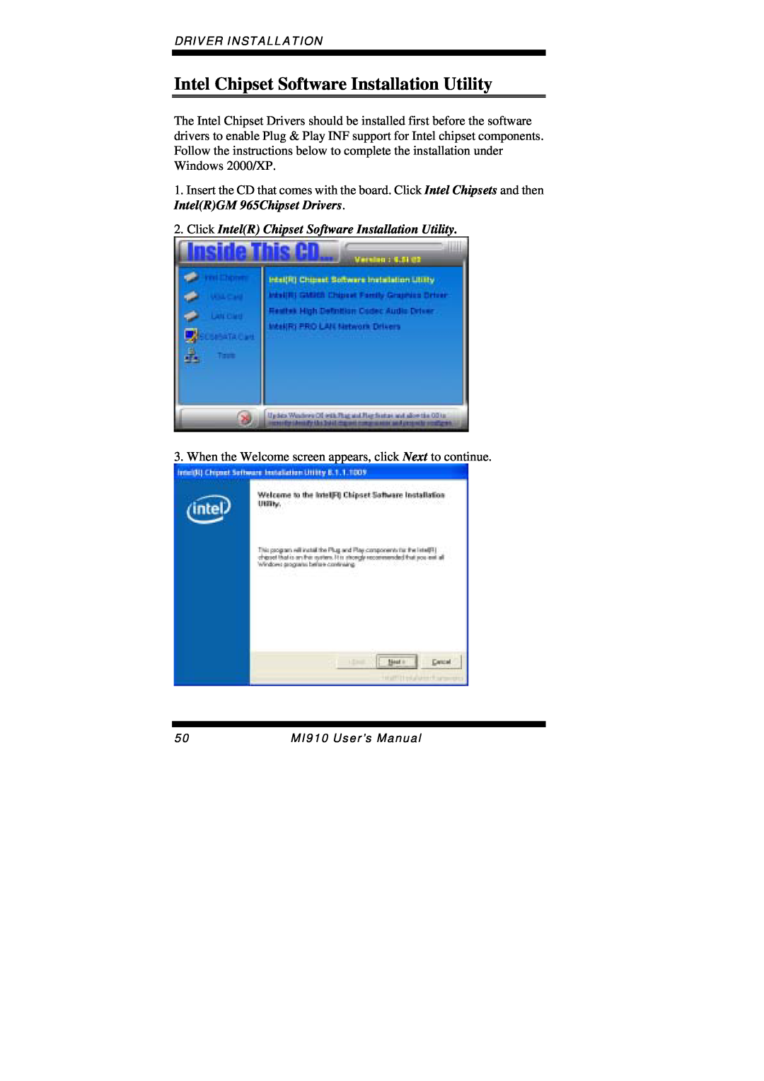 Intel MI910F user manual Intel Chipset Software Installation Utility, Driver Installation, MI910 User’s Manual 