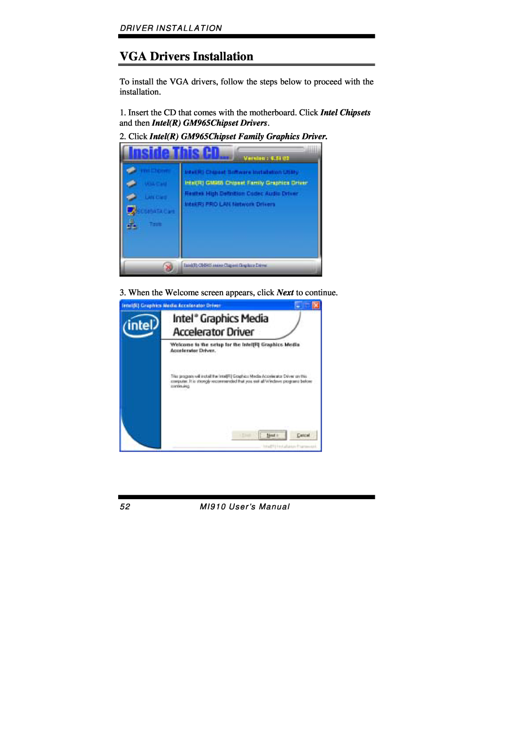 Intel MI910F user manual VGA Drivers Installation, Driver Installation, MI910 User’s Manual 