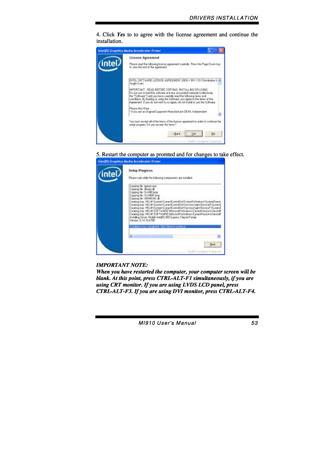 Intel MI910F user manual Important Note 