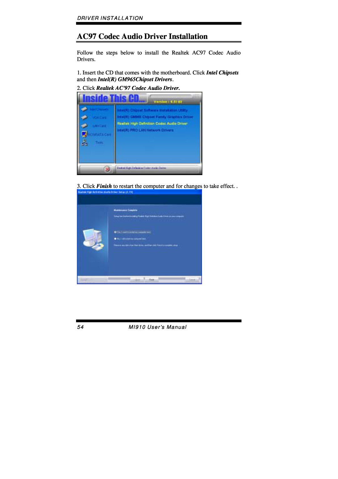 Intel MI910F user manual AC97 Codec Audio Driver Installation, Click Realtek AC97 Codec Audio Driver 