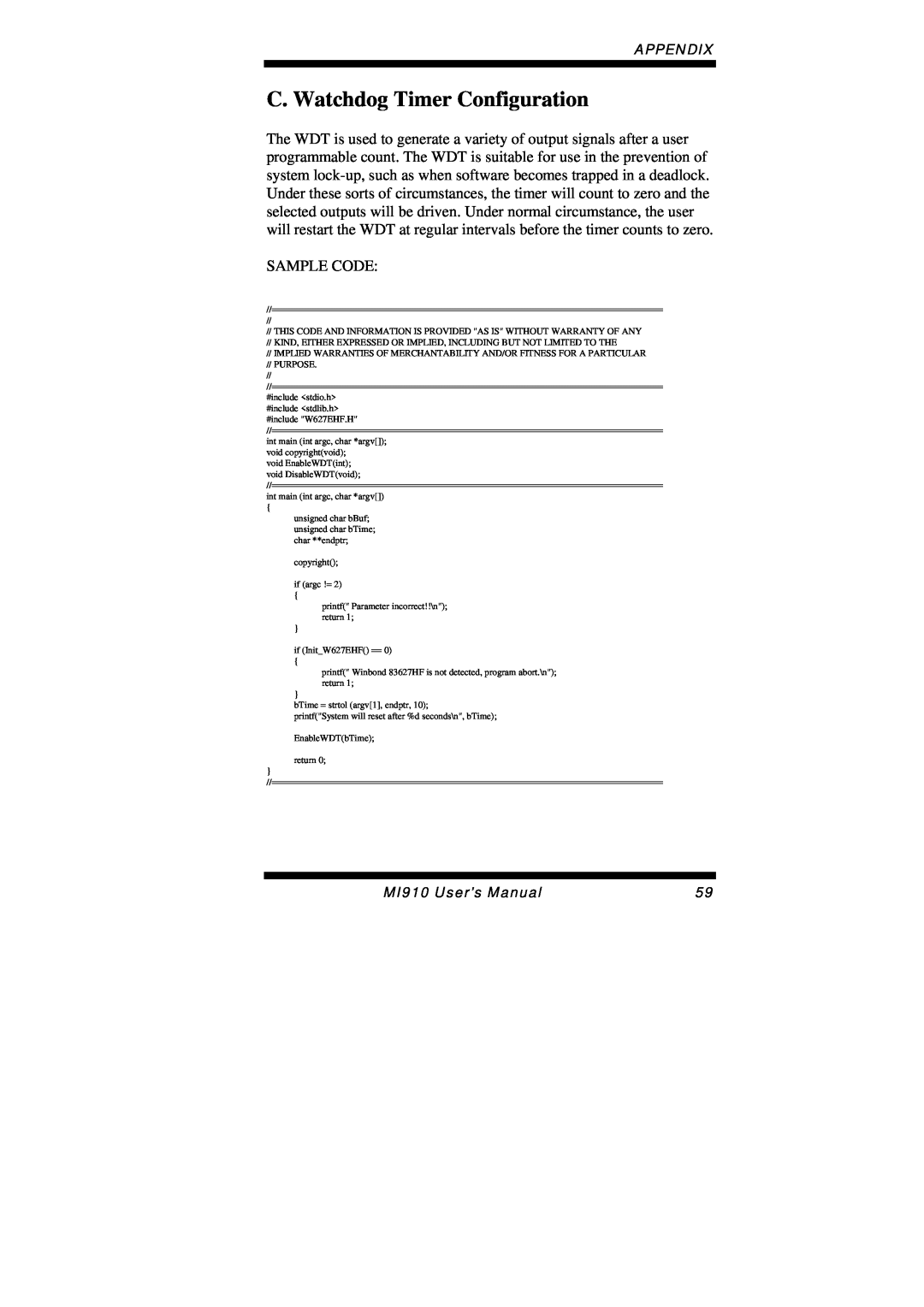 Intel MI910F user manual C. Watchdog Timer Configuration, Sample Code, Appendix, MI910 User’s Manual 