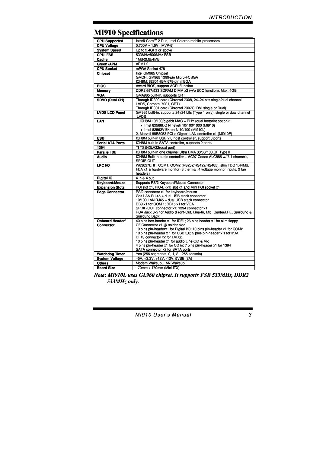 Intel MI910F user manual MI910 Specifications, Introduction, MI910 User’s Manual 