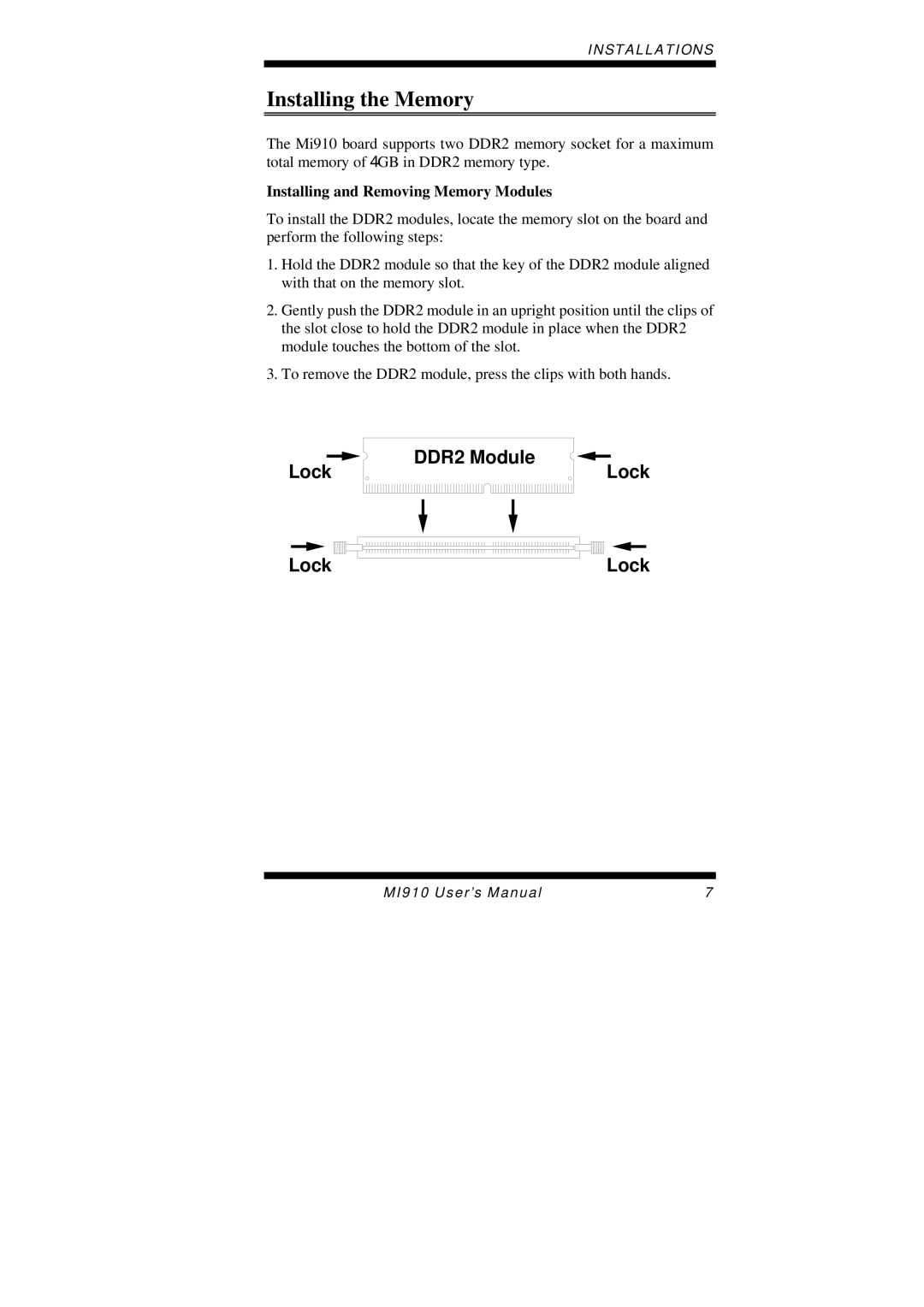 Intel MI910F user manual Installing the Memory, Lock 