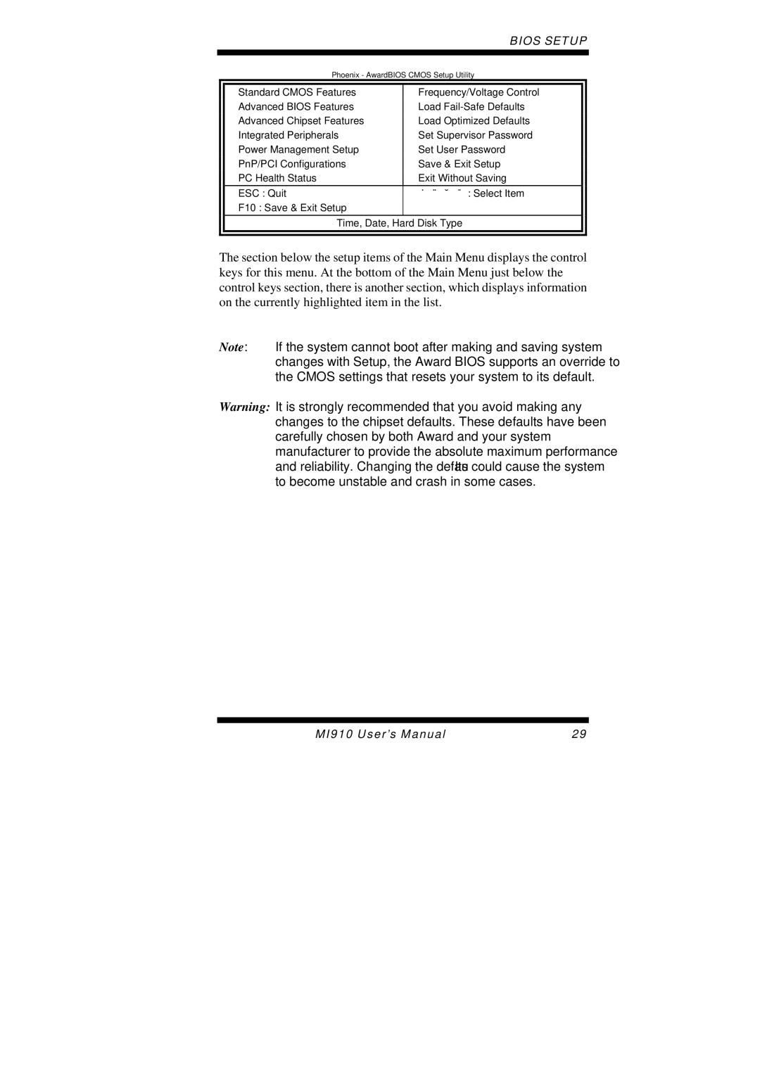 Intel MI910F user manual Phoenix AwardBIOS Cmos Setup Utility 