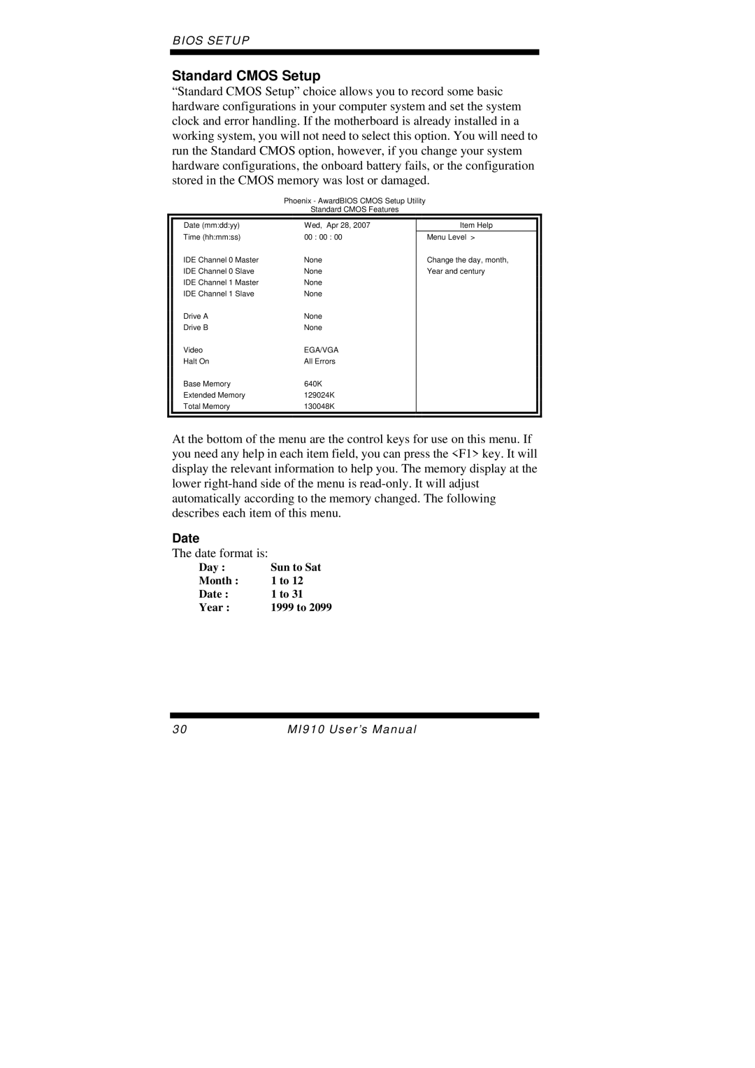 Intel MI910F user manual Standard Cmos Setup, Date 