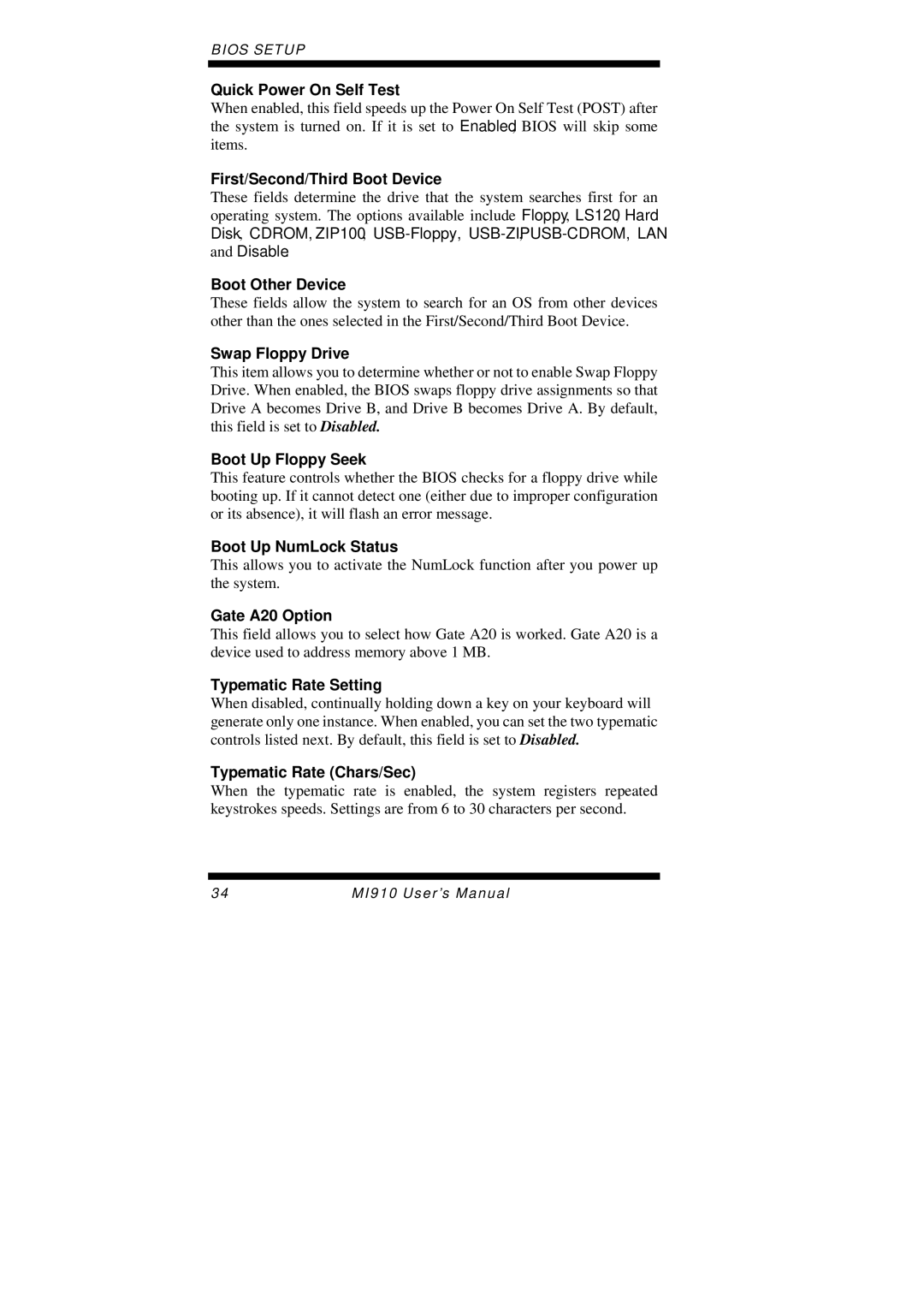 Intel MI910F user manual Quick Power On Self Test, First/Second/Third Boot Device, Boot Other Device, Swap Floppy Drive 