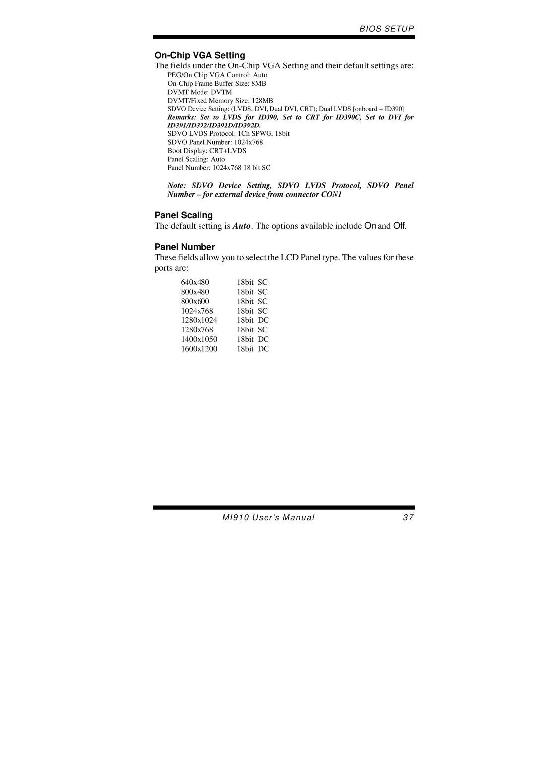 Intel MI910F user manual On-Chip VGA Setting, Panel Scaling, Panel Number 