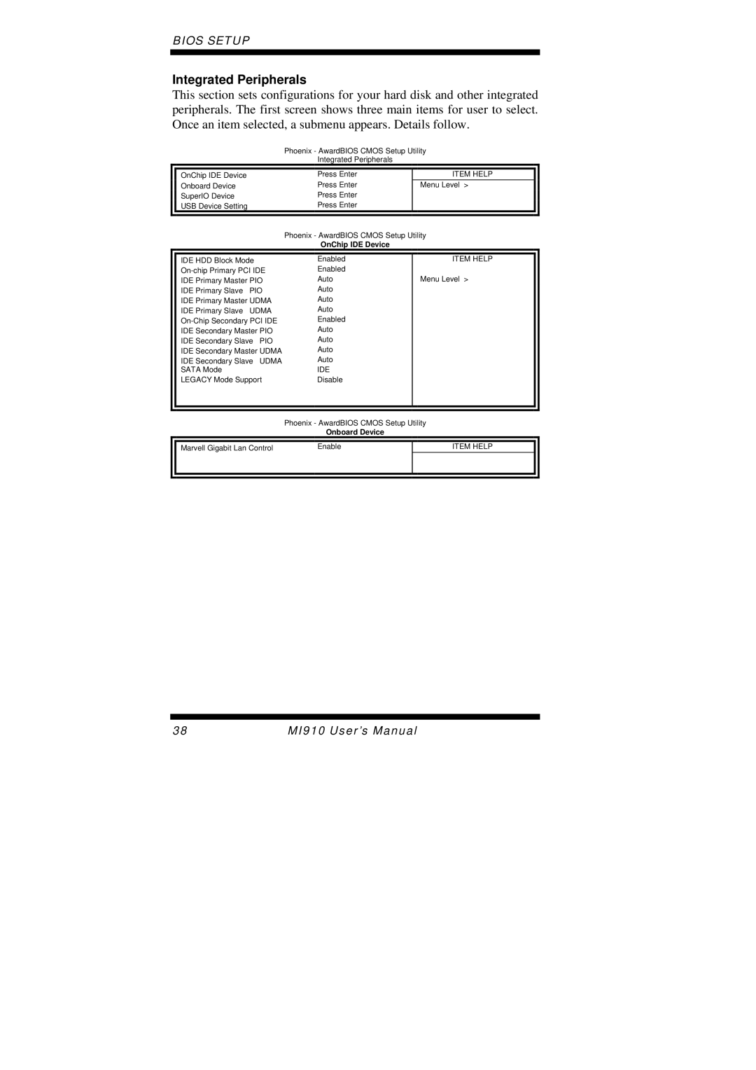 Intel MI910F user manual Integrated Peripherals, OnChip IDE Device 