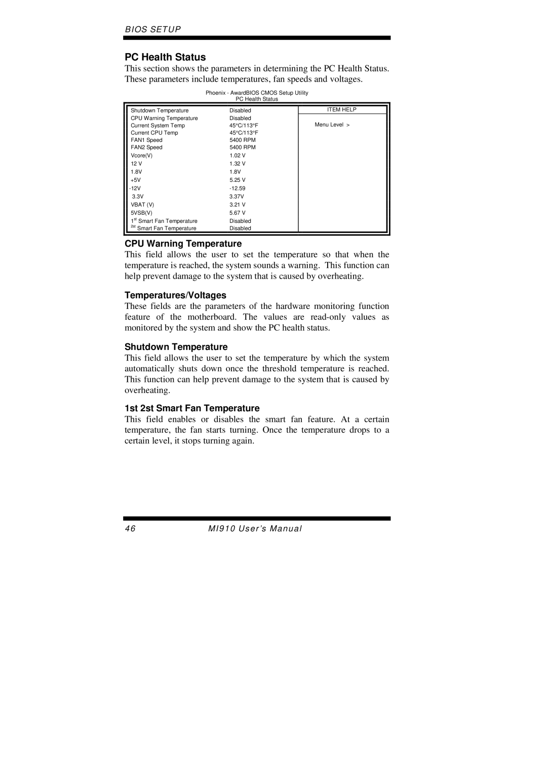 Intel MI910F user manual PC Health Status, CPU Warning Temperature, Temperatures/Voltages, Shutdown Temperature 