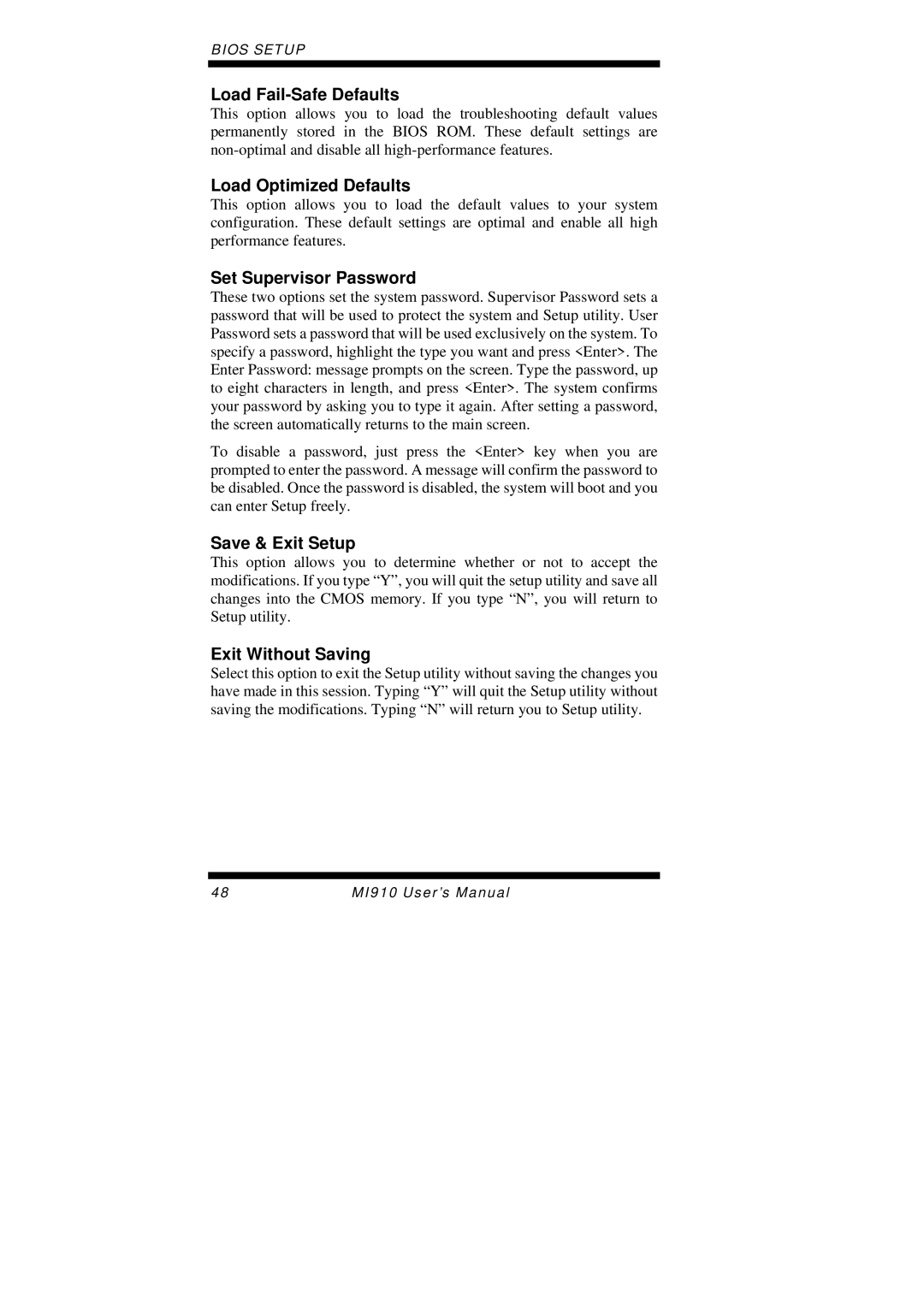 Intel MI910F user manual Load Fail-Safe Defaults, Load Optimized Defaults, Set Supervisor Password, Save & Exit Setup 