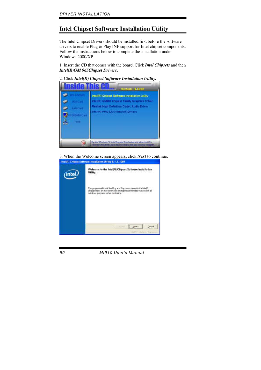 Intel MI910F user manual Intel Chipset Software Installation Utility, Click IntelR Chipset Software Installation Utility 