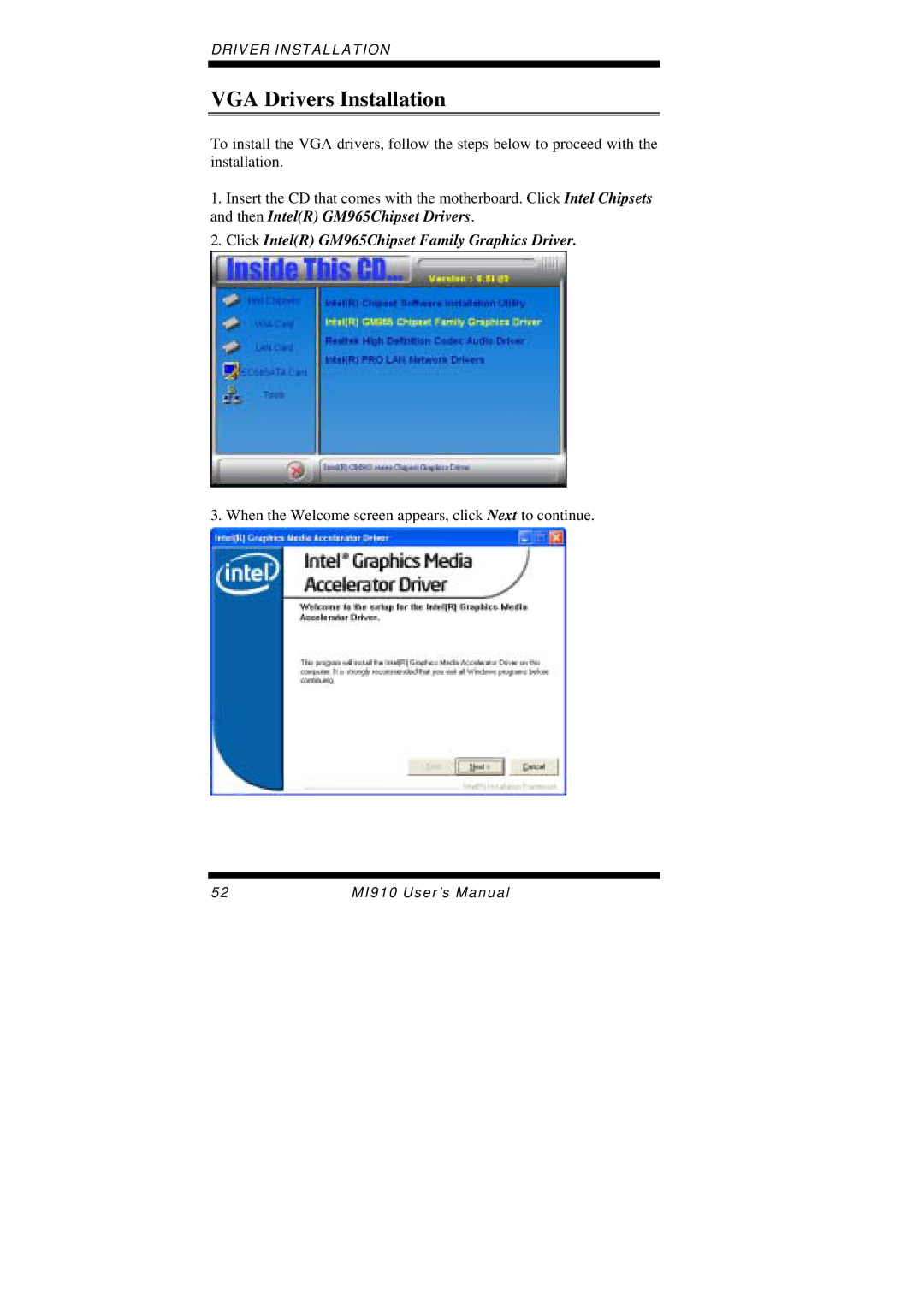 Intel MI910F user manual VGA Drivers Installation, Click IntelR GM965Chipset Family Graphics Driver 