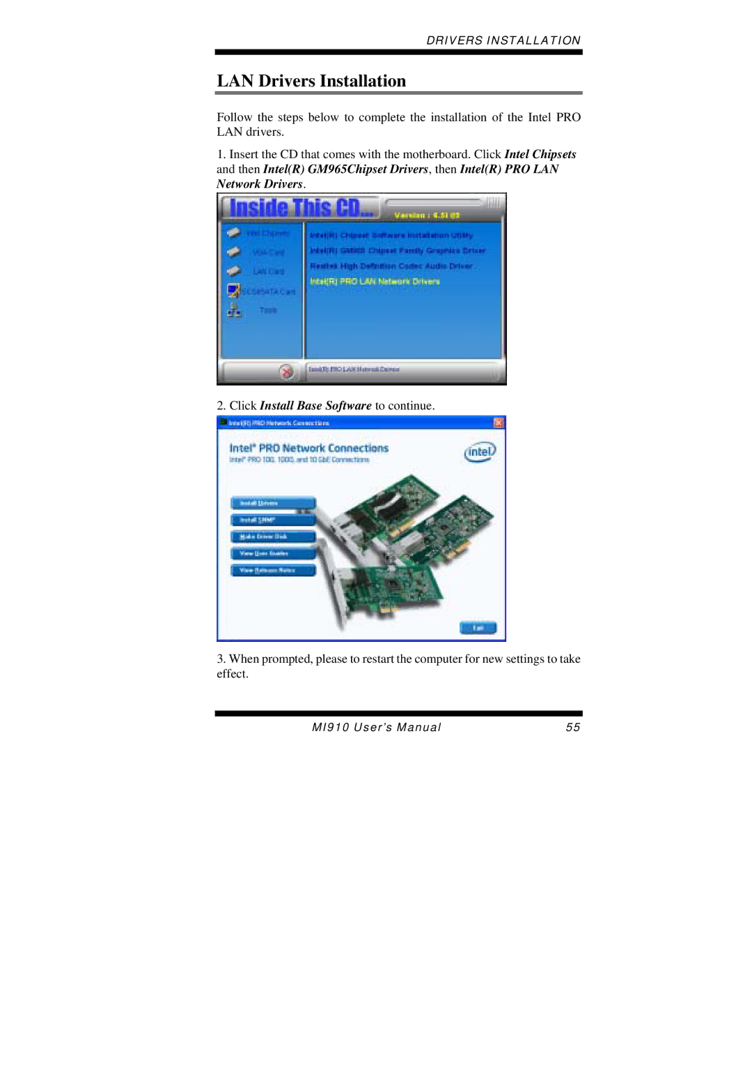 Intel MI910F user manual LAN Drivers Installation, Click Install Base Software to continue 
