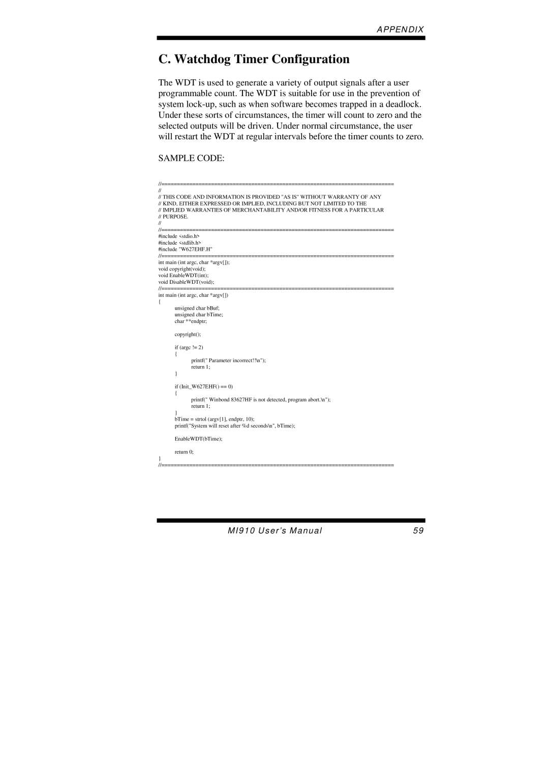 Intel MI910F user manual Watchdog Timer Configuration, Sample Code 