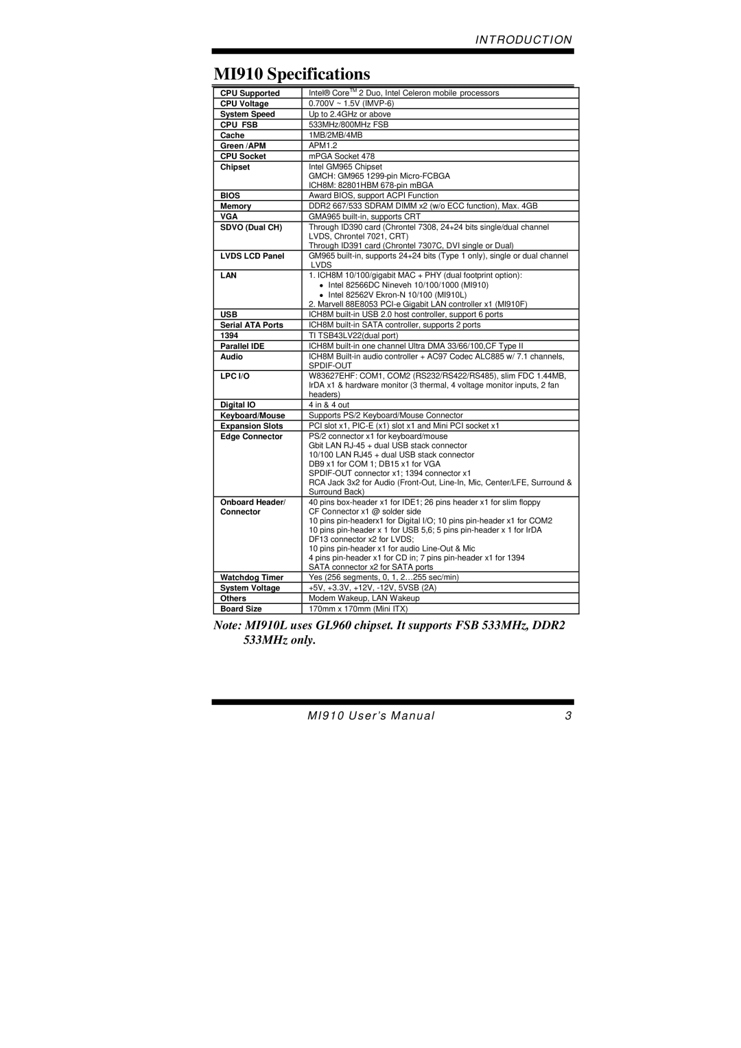 Intel MI910F user manual MI910 Specifications, Cpu Fsb 