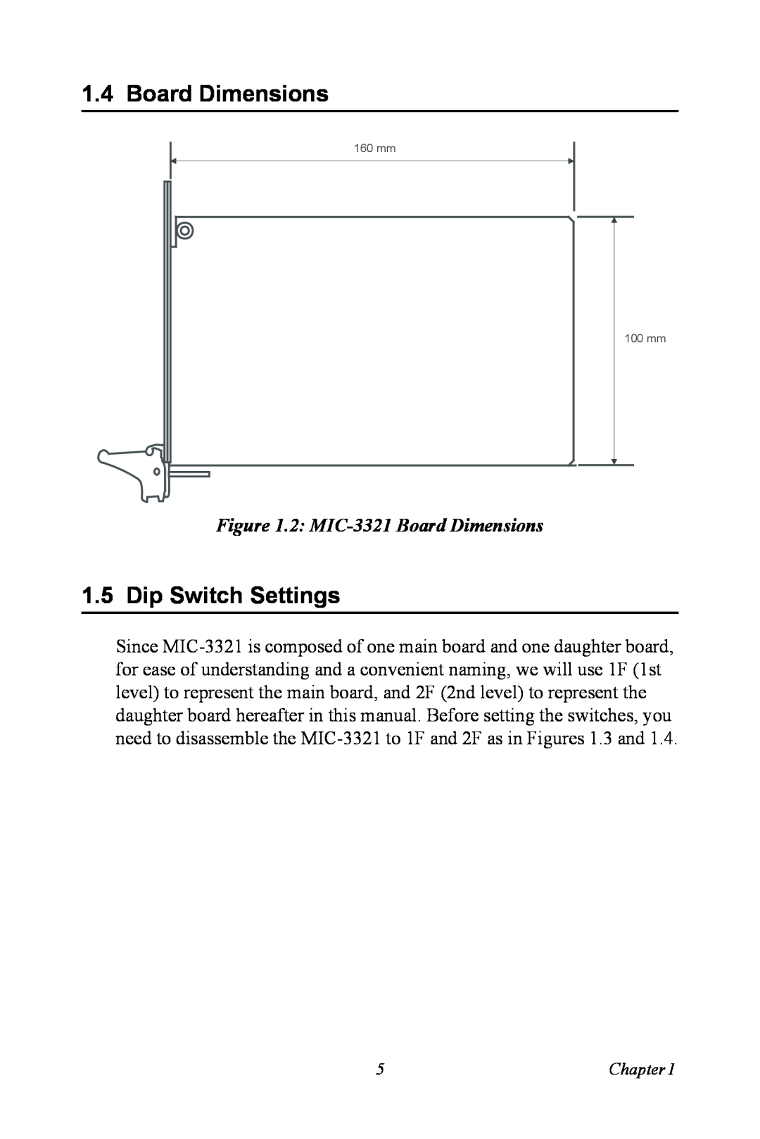 Intel 3U Compact PCI user manual Dip Switch Settings, 2: MIC-3321Board Dimensions 