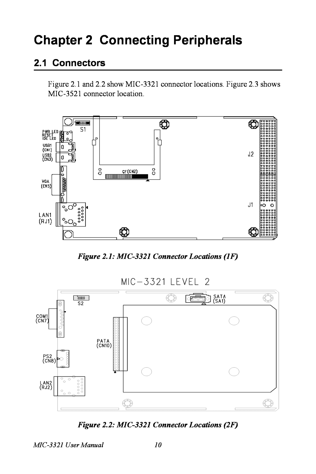 Intel Connecting Peripherals, Connectors, 1: MIC-3321Connector Locations 1F, 2: MIC-3321Connector Locations 2F 