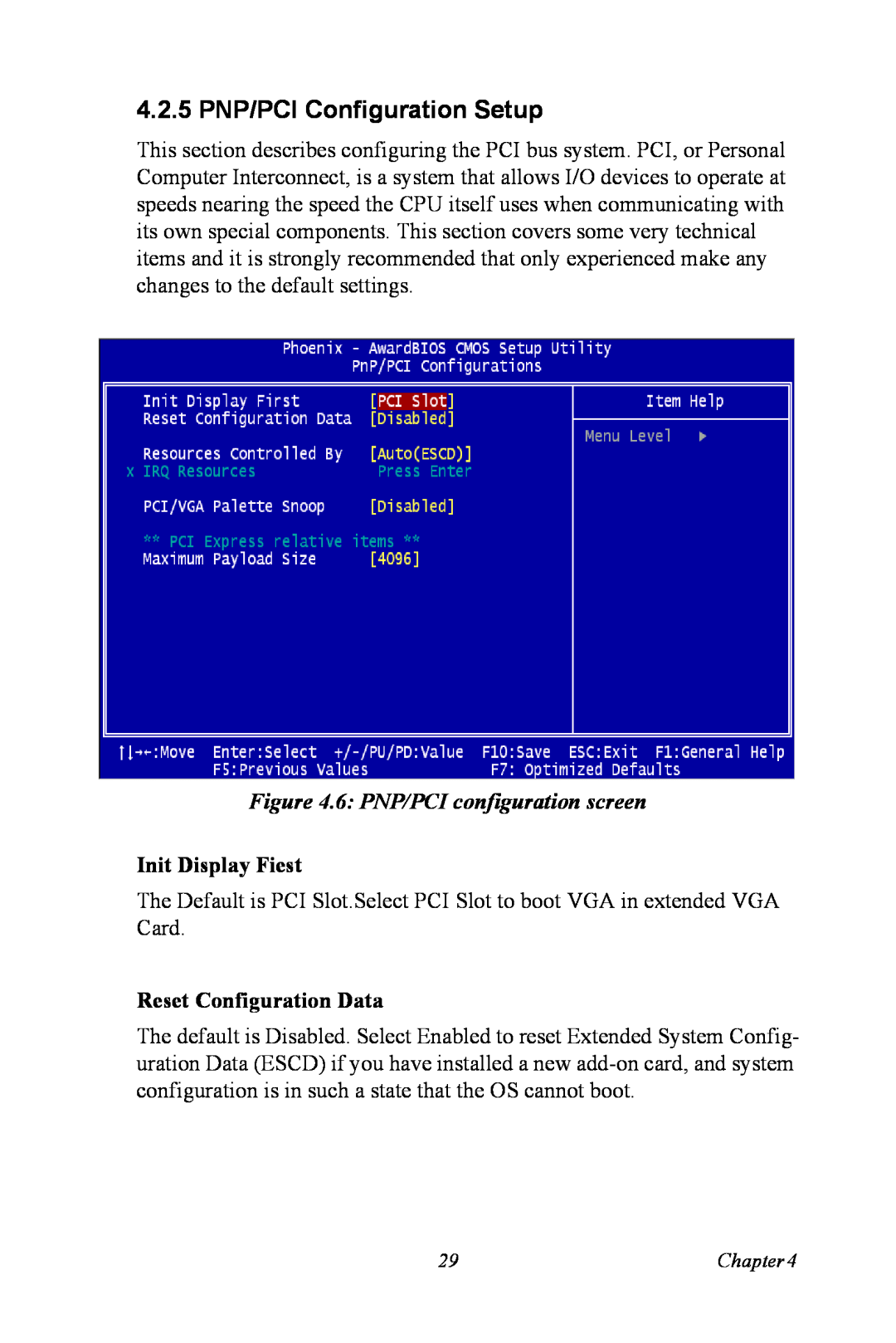 Intel 3U Compact PCI, MIC-3321 4.2.5 PNP/PCI Configuration Setup, 6: PNP/PCI configuration screen, Init Display Fiest 