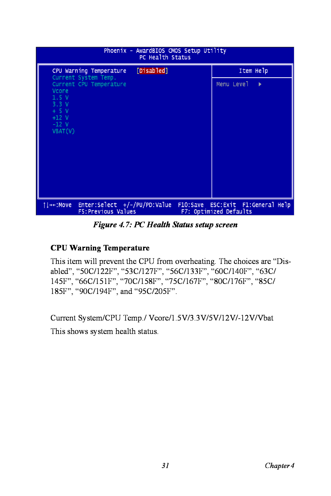 Intel 3U Compact PCI, MIC-3321 user manual 7: PC Health Status setup screen, CPU Warning Temperature 