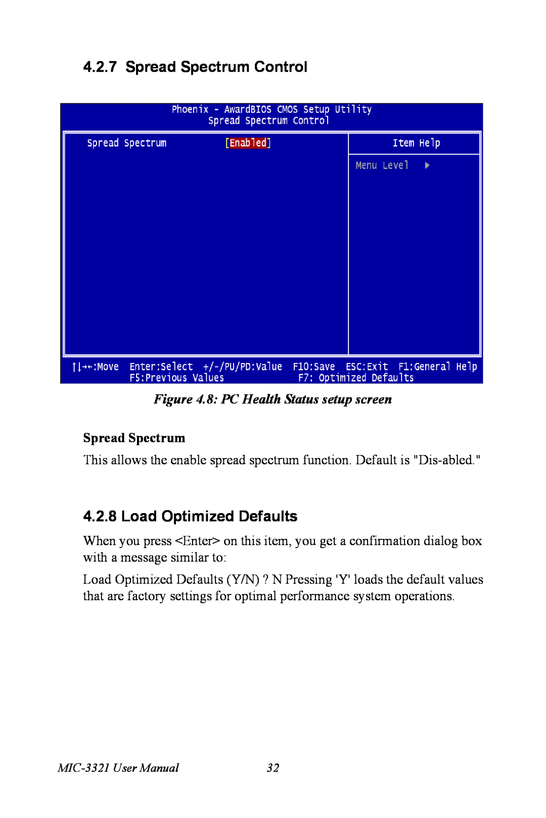 Intel MIC-3321, 3U Compact PCI Spread Spectrum Control, Load Optimized Defaults, 8: PC Health Status setup screen 