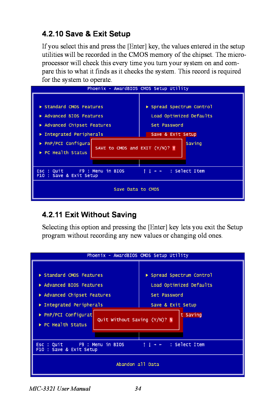 Intel 3U Compact PCI user manual Save & Exit Setup, Exit Without Saving, MIC-3321User Manual 