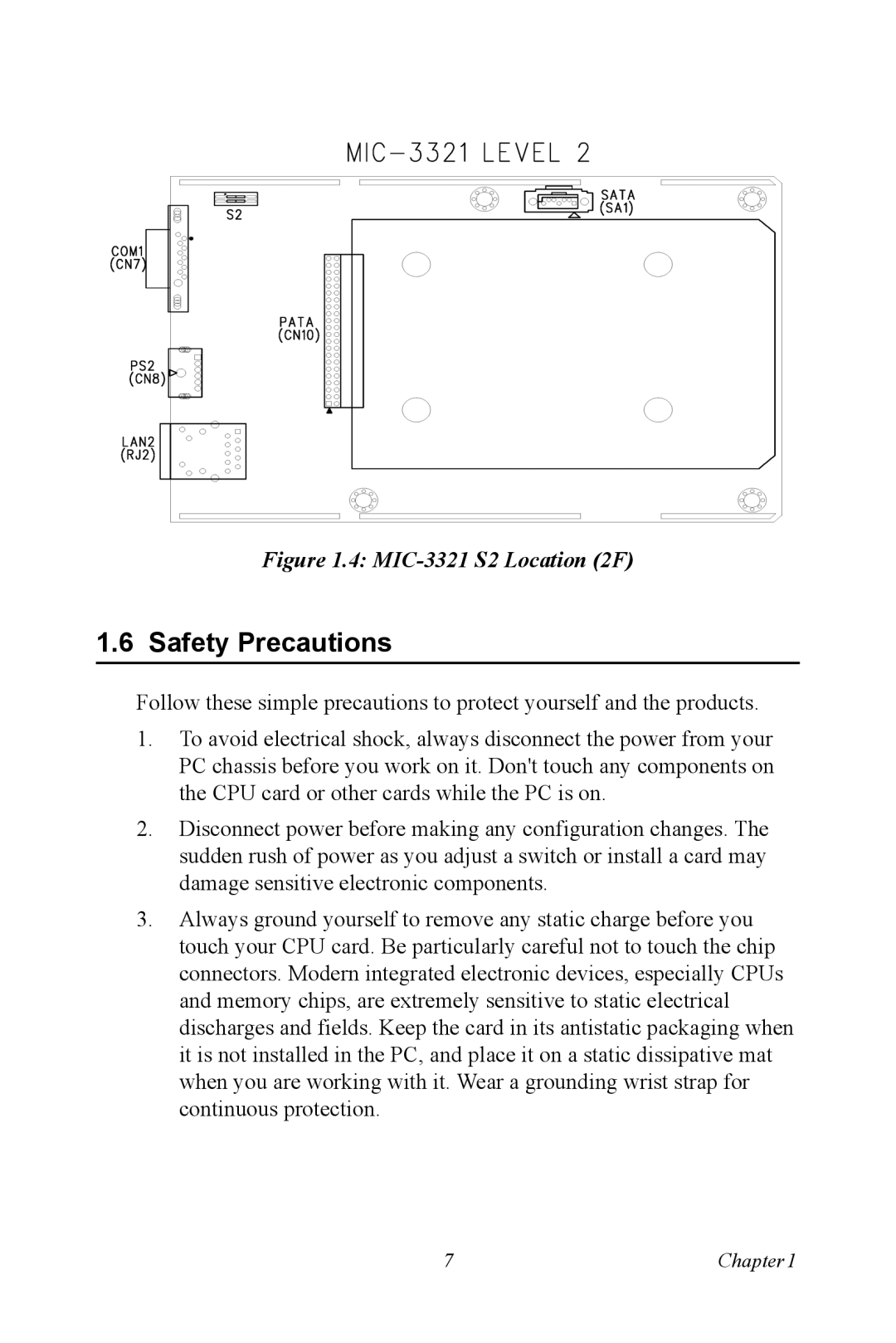 Intel 3U Compact PCI user manual Safety Precautions, MIC-3321 S2 Location 2F 