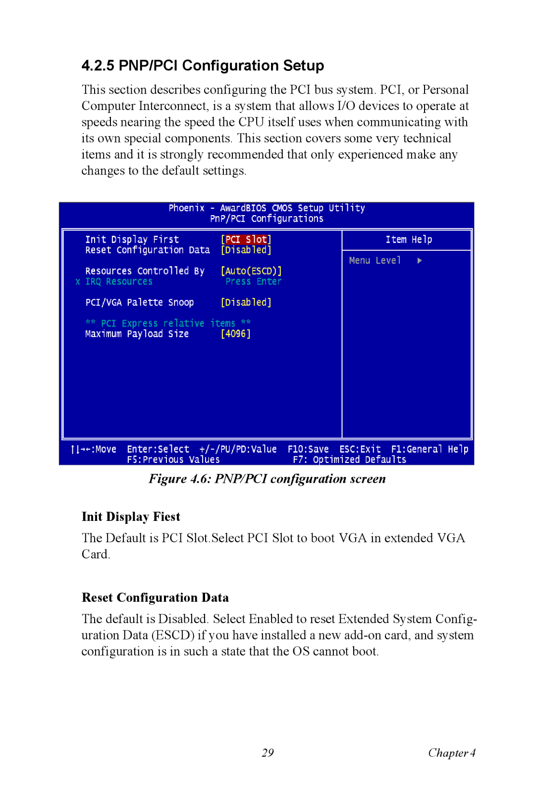 Intel 3U Compact PCI, MIC-3321 user manual 5 PNP/PCI Configuration Setup, Init Display Fiest, Reset Configuration Data 