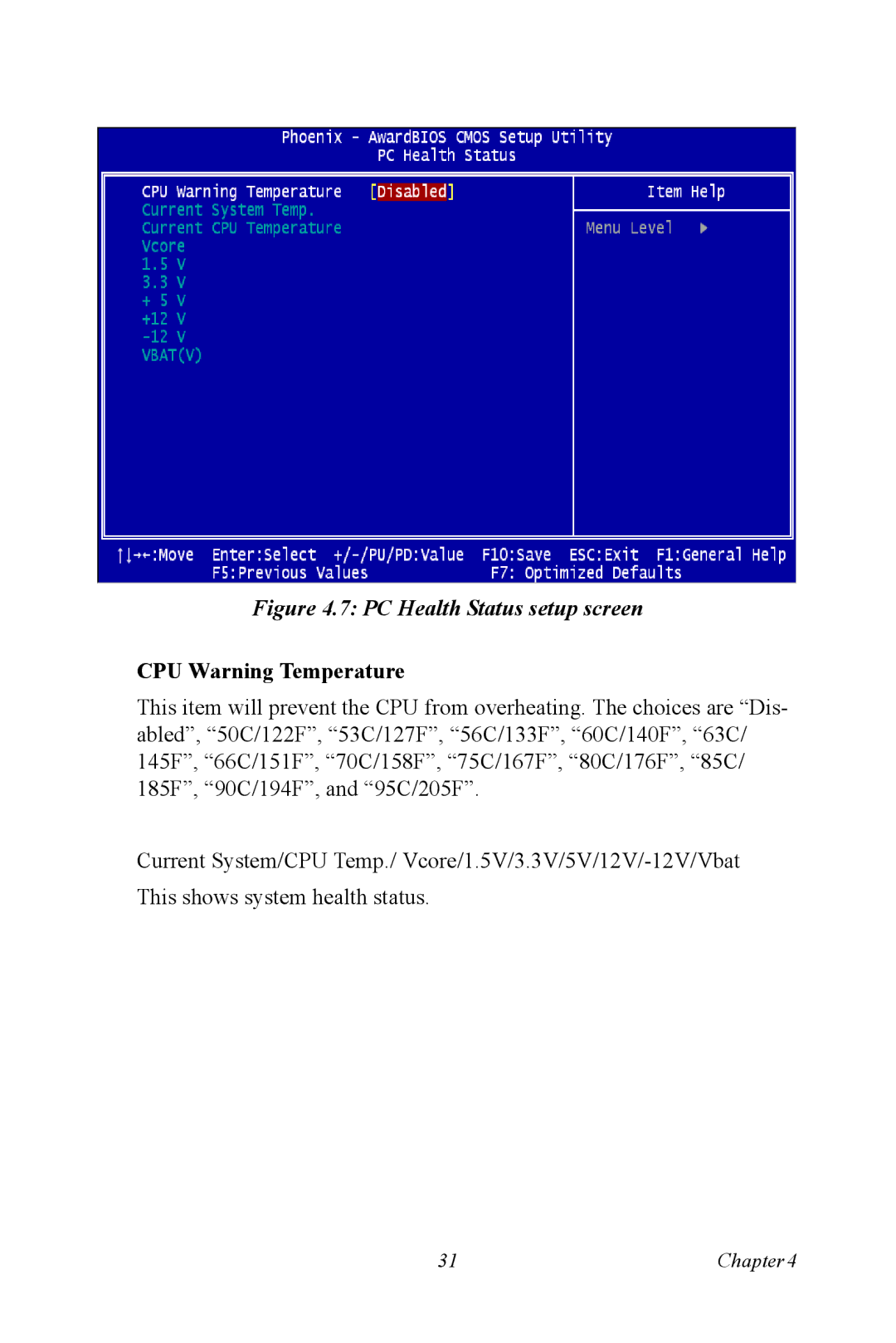 Intel 3U Compact PCI, MIC-3321 user manual PC Health Status setup screen, CPU Warning Temperature 