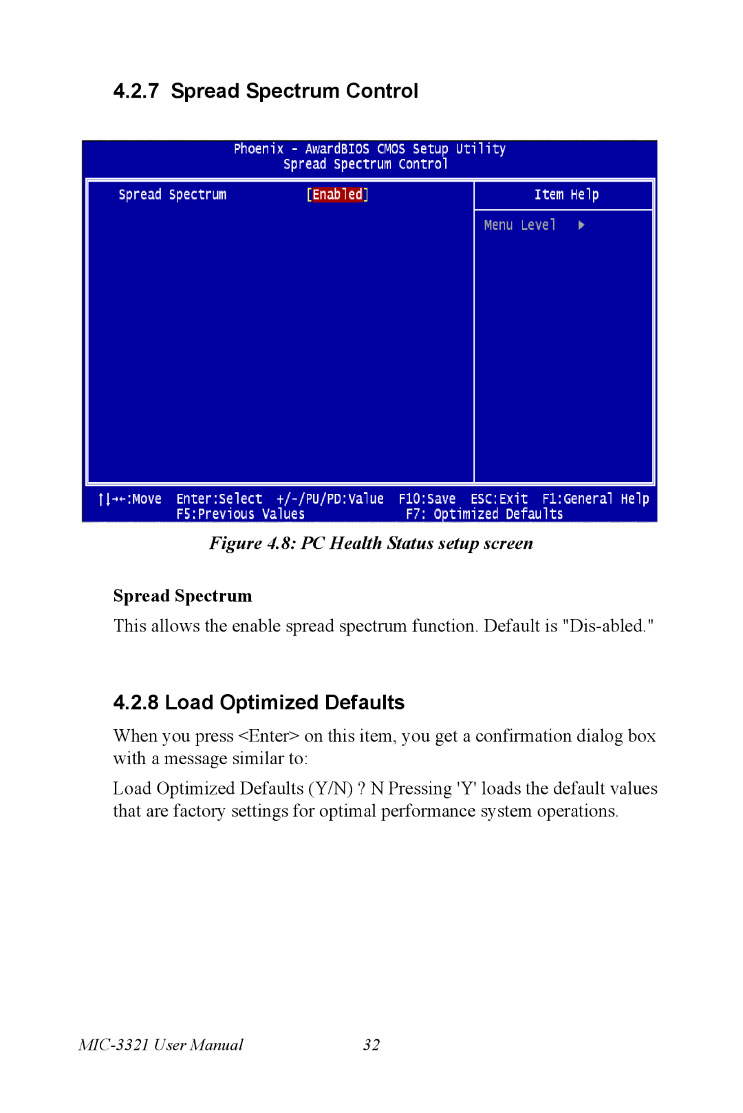 Intel MIC-3321, 3U Compact PCI user manual Spread Spectrum Control, Load Optimized Defaults 