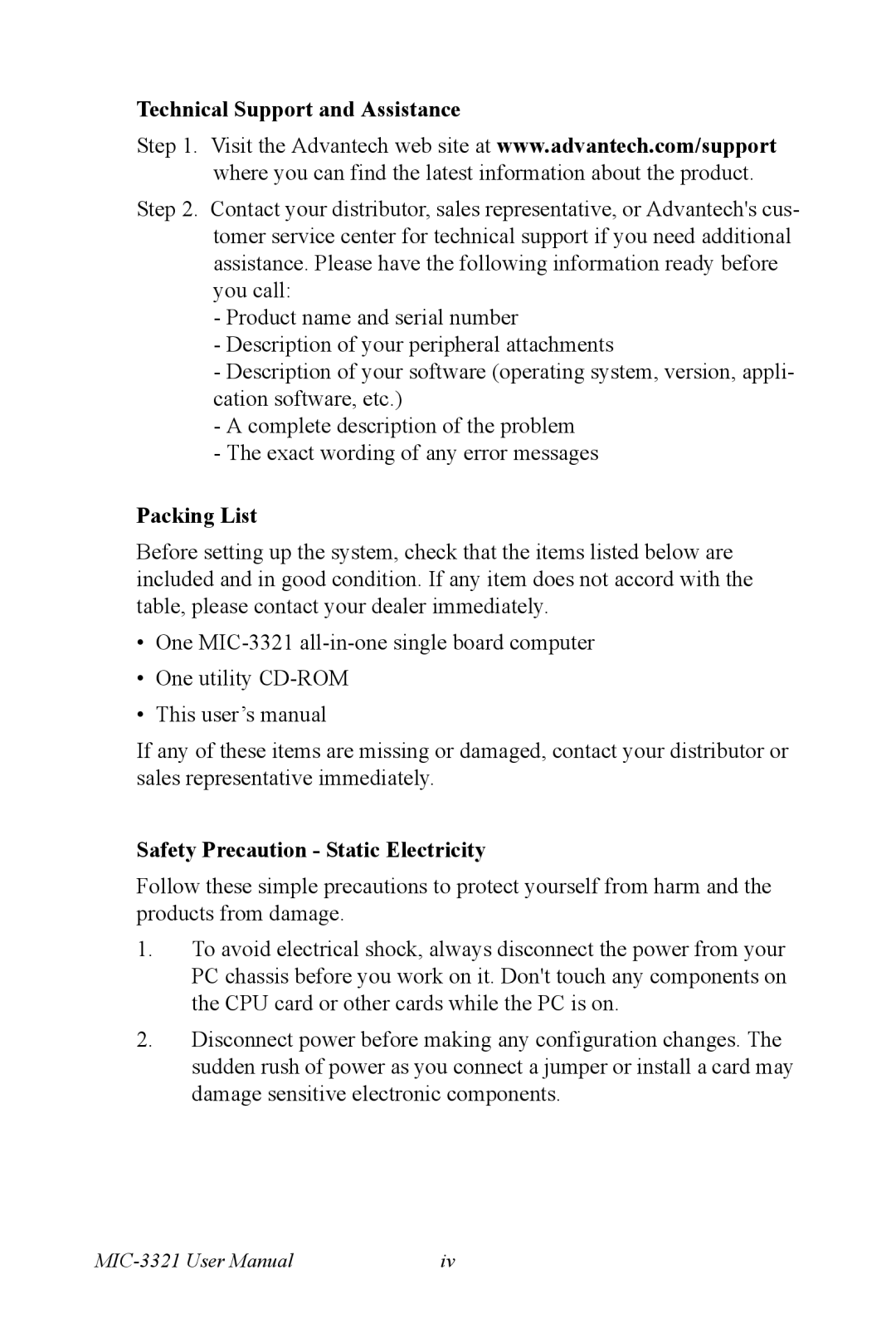 Intel MIC-3321, 3U Compact PCI Technical Support and Assistance, Packing List, Safety Precaution Static Electricity 