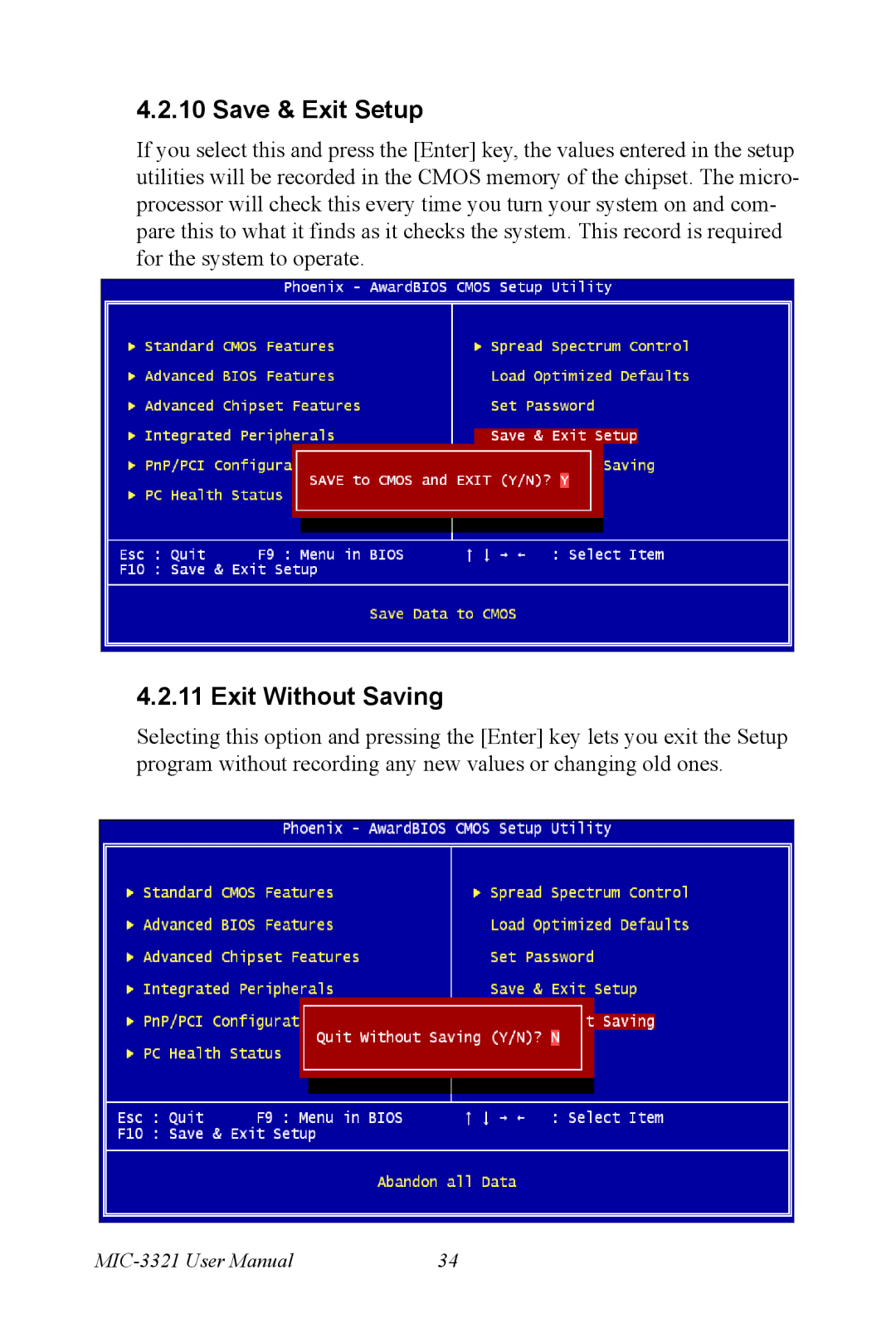 Intel MIC-3321, 3U Compact PCI user manual Save & Exit Setup, Exit Without Saving 