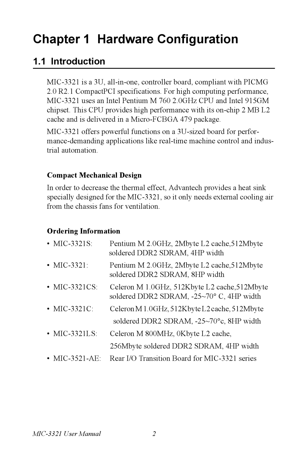 Intel MIC-3321, 3U Compact PCI user manual Introduction, Compact Mechanical Design, Ordering Information 