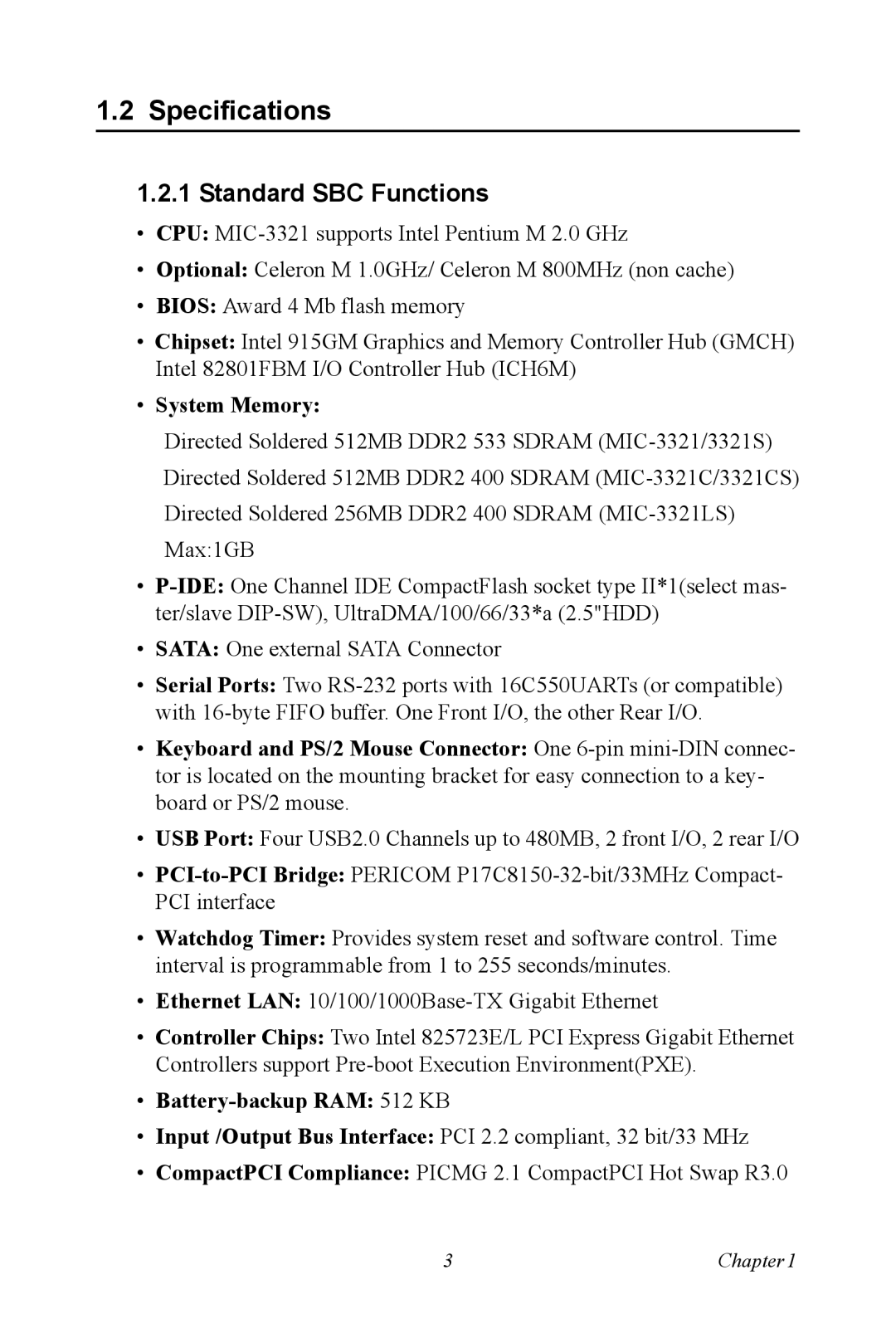 Intel 3U Compact PCI, MIC-3321 user manual Specifications, Standard SBC Functions, System Memory, Battery-backup RAM 512 KB 