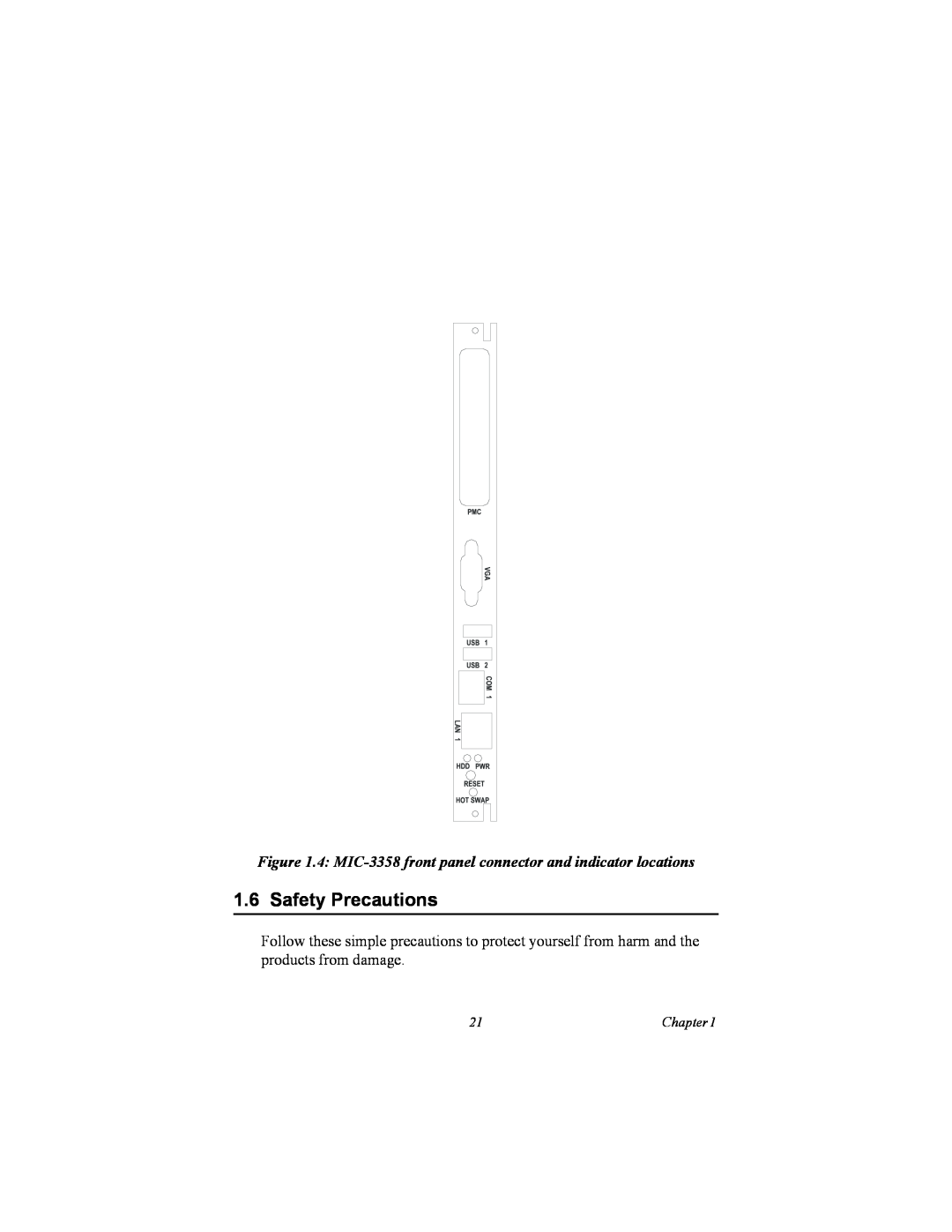 Intel user manual Safety Precautions, 4 MIC-3358 front panel connector and indicator locations 