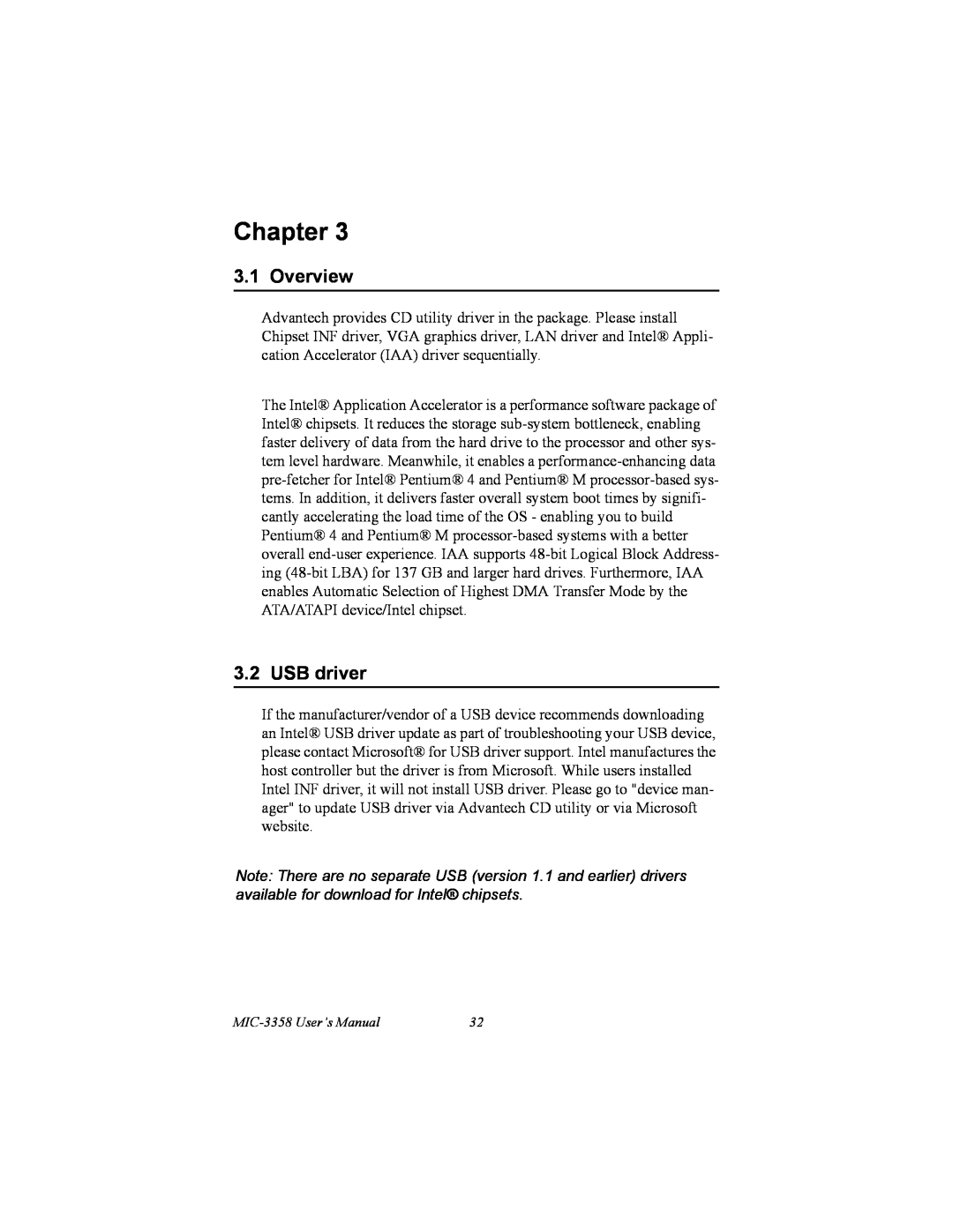 Intel MIC-3358 user manual Chapter, Overview, USB driver 