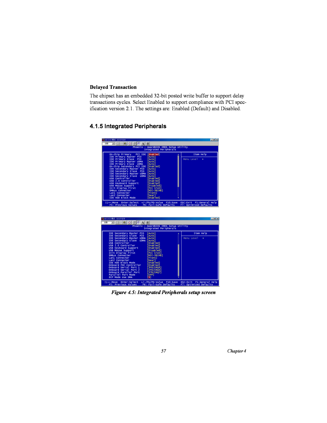 Intel MIC-3358 user manual Delayed Transaction, 5 Integrated Peripherals setup screen 