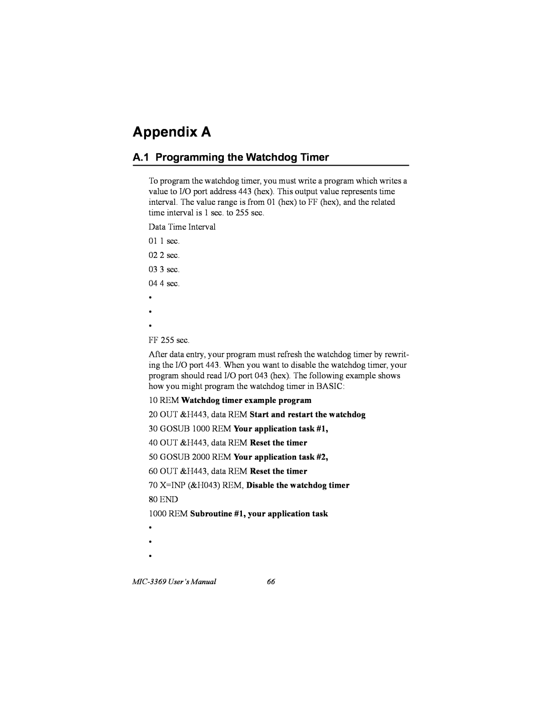 Intel MIC-3358 user manual Appendix A, A.1 Programming the Watchdog Timer, REM Watchdog timer example program 
