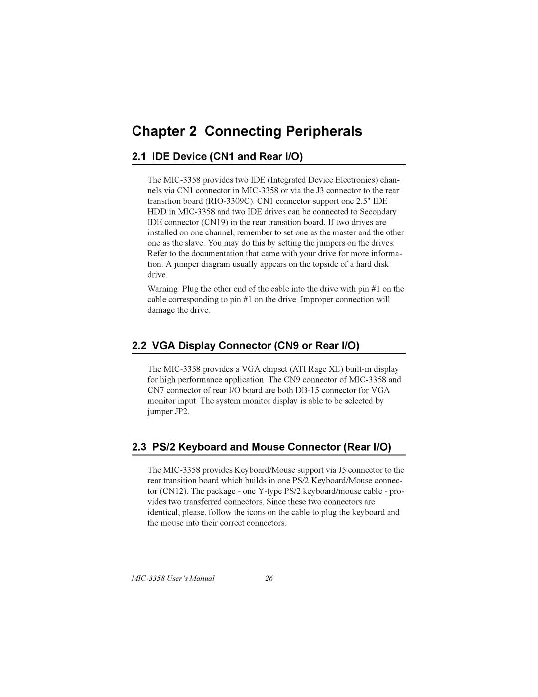 Intel MIC-3358 user manual IDE Device CN1 and Rear I/O, VGA Display Connector CN9 or Rear I/O 