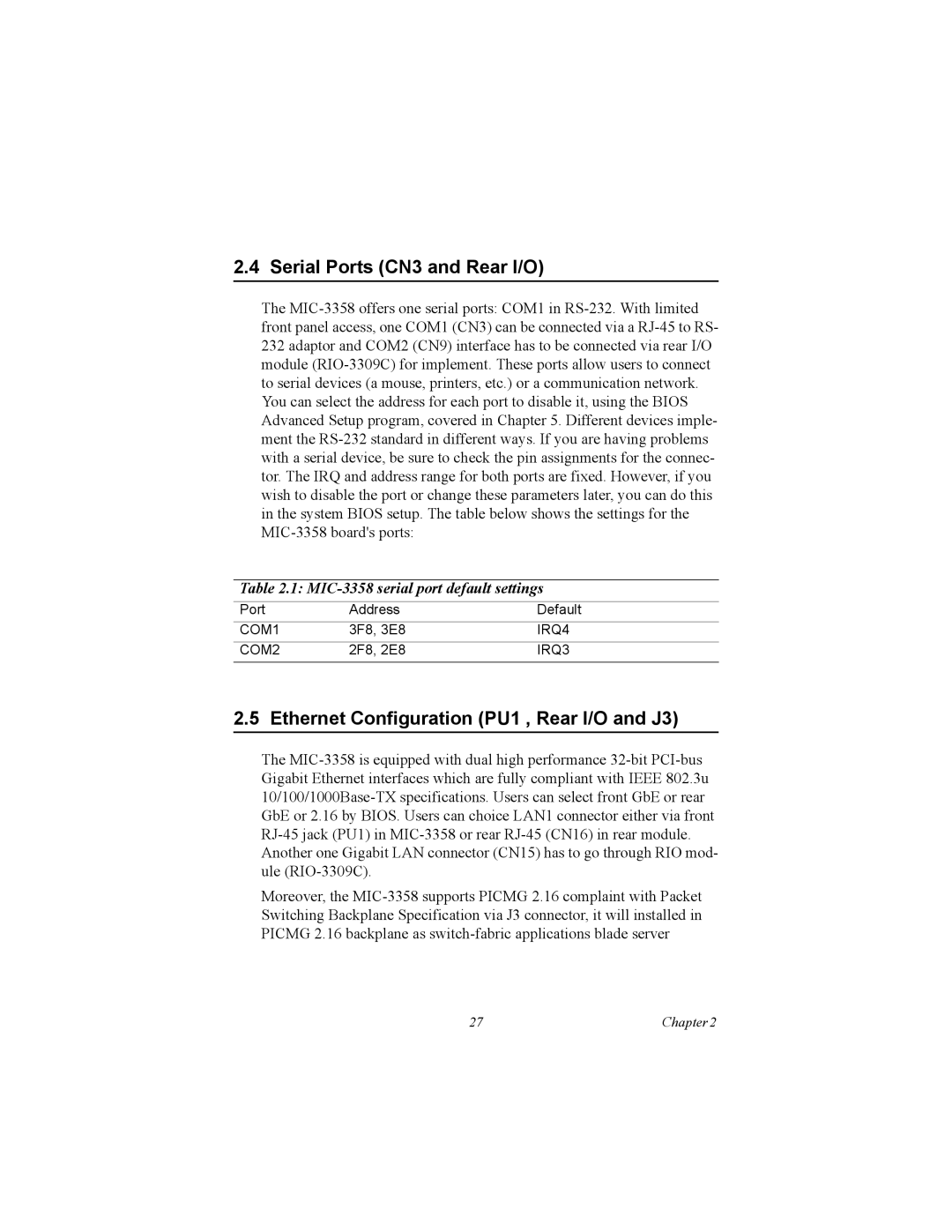 Intel MIC-3358 user manual Serial Ports CN3 and Rear I/O, Ethernet Configuration PU1 , Rear I/O and J3 